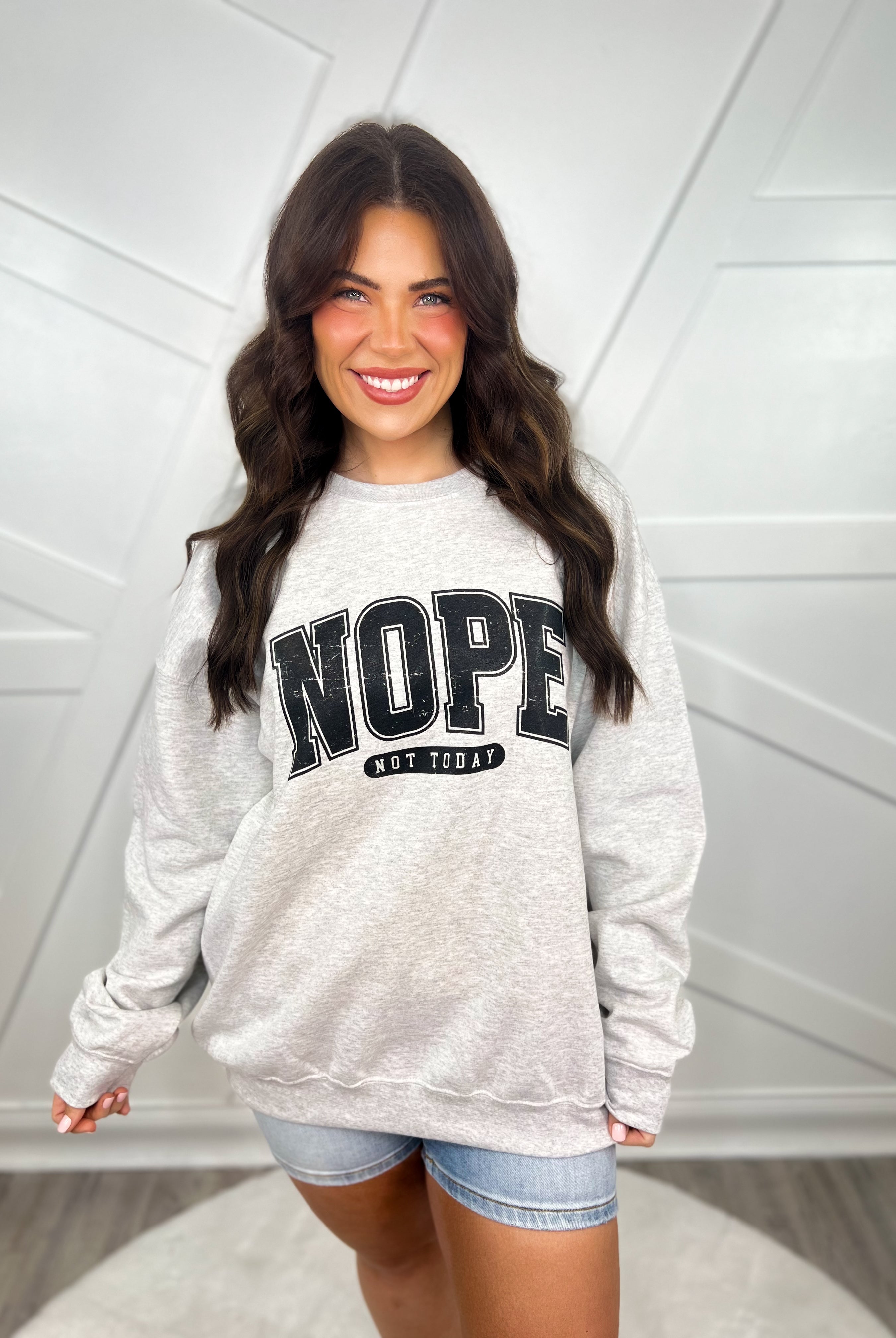 NOPE Not Today Graphic Crewneck with V CUT Sweatshirt-130 Graphic Tees-Heathered Boho-Heathered Boho Boutique, Women's Fashion and Accessories in Palmetto, FL