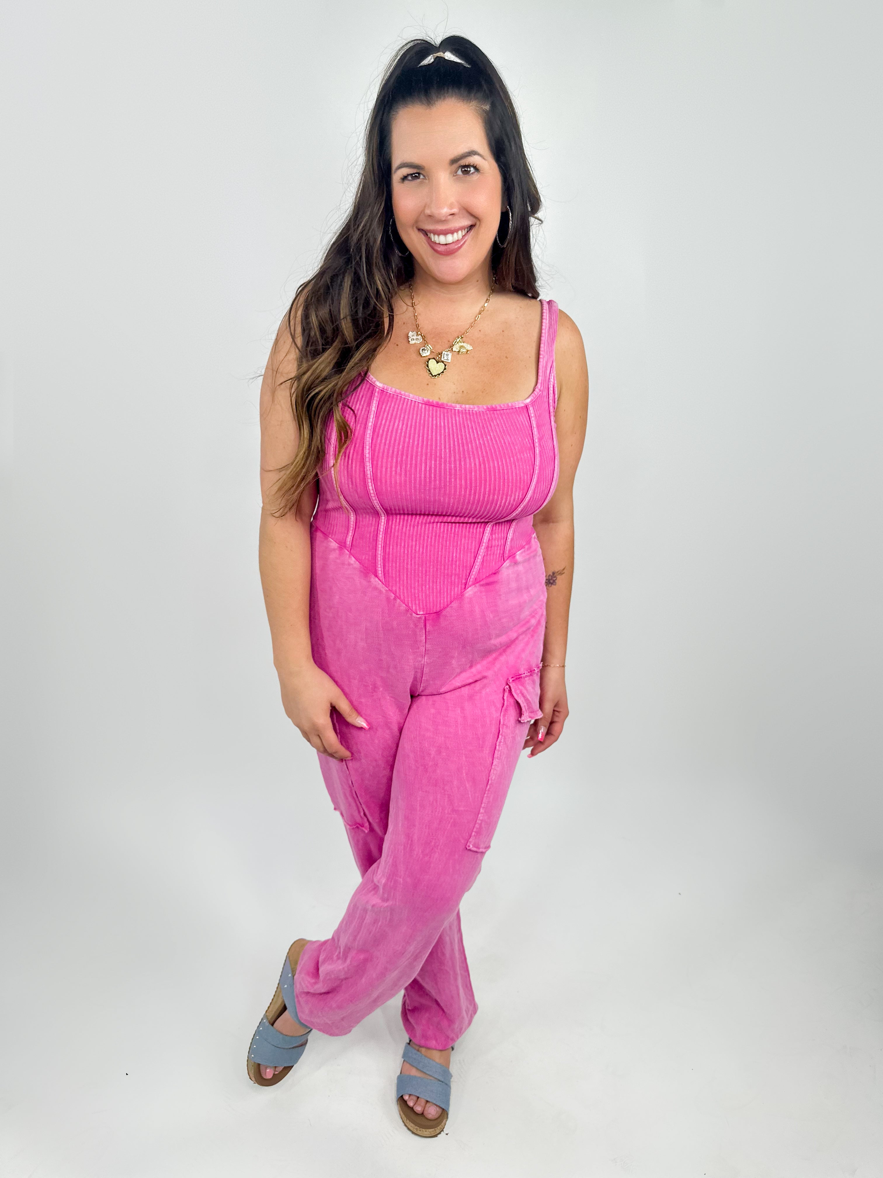 Hot Pink Super Waist Snatcher Mineral Wash Jumpsuit-230 Dresses/Jumpsuits/Rompers-J. Her-Heathered Boho Boutique, Women's Fashion and Accessories in Palmetto, FL