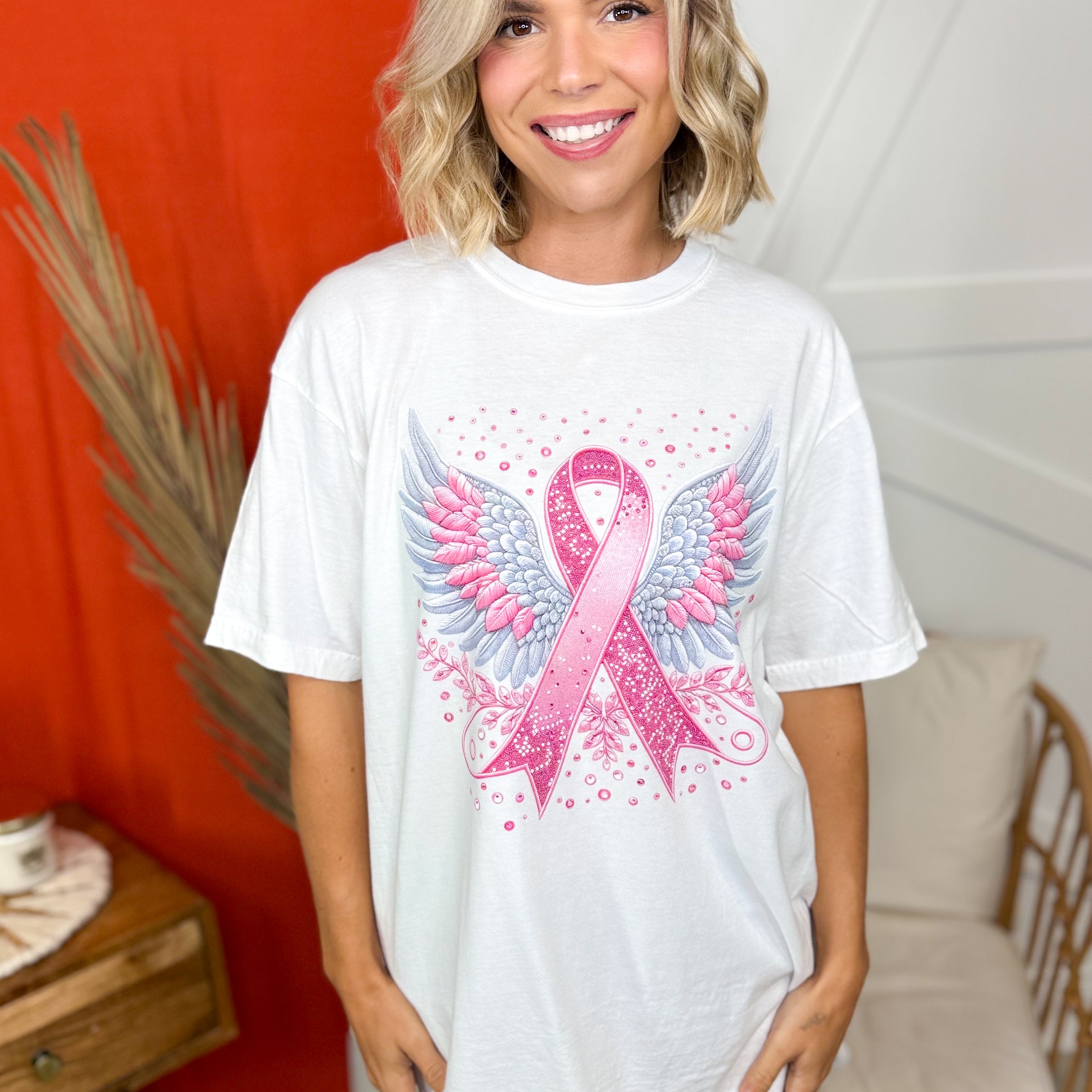 Angel Wings Ribbon Graphic Tee-130 Graphic Tees-Heathered Boho-Heathered Boho Boutique, Women's Fashion and Accessories in Palmetto, FL