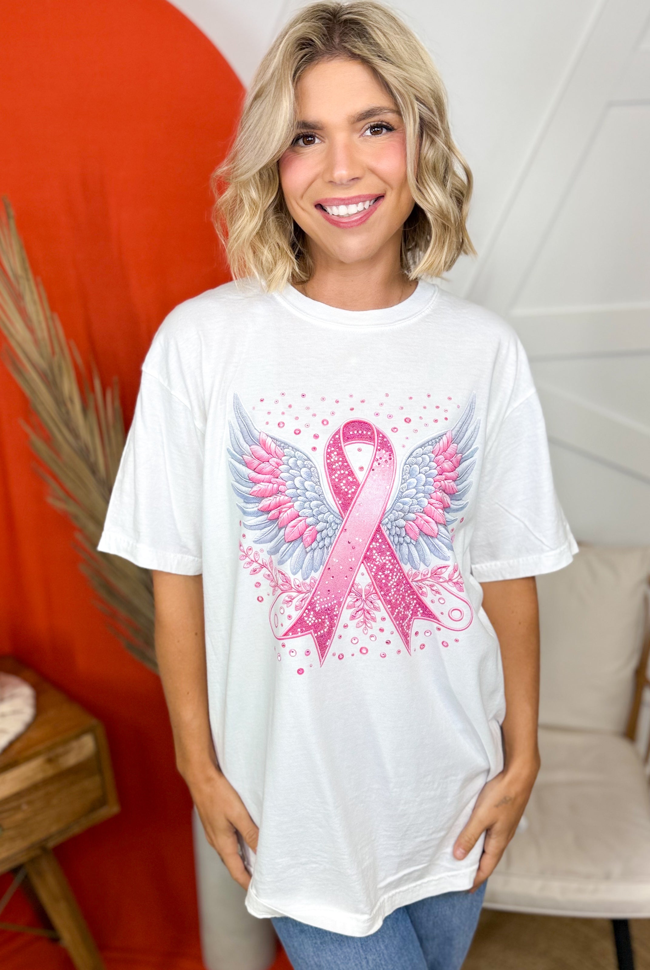 Angel Wings Ribbon Graphic Tee-130 Graphic Tees-Heathered Boho-Heathered Boho Boutique, Women's Fashion and Accessories in Palmetto, FL