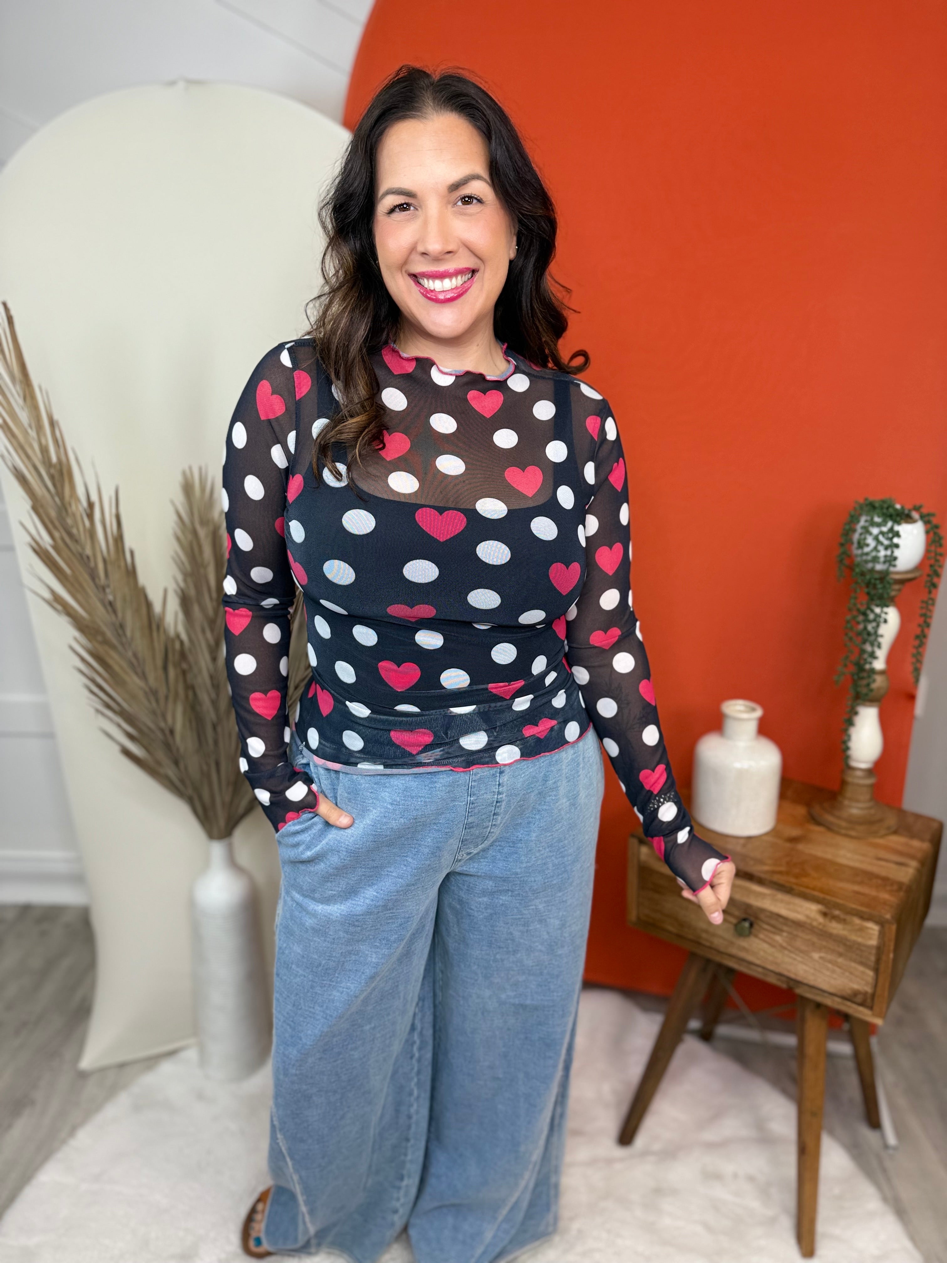 Polka Heart Mesh Top-120 LONG SLEEVE TOPS-Nylon Apparel-Heathered Boho Boutique, Women's Fashion and Accessories in Palmetto, FL