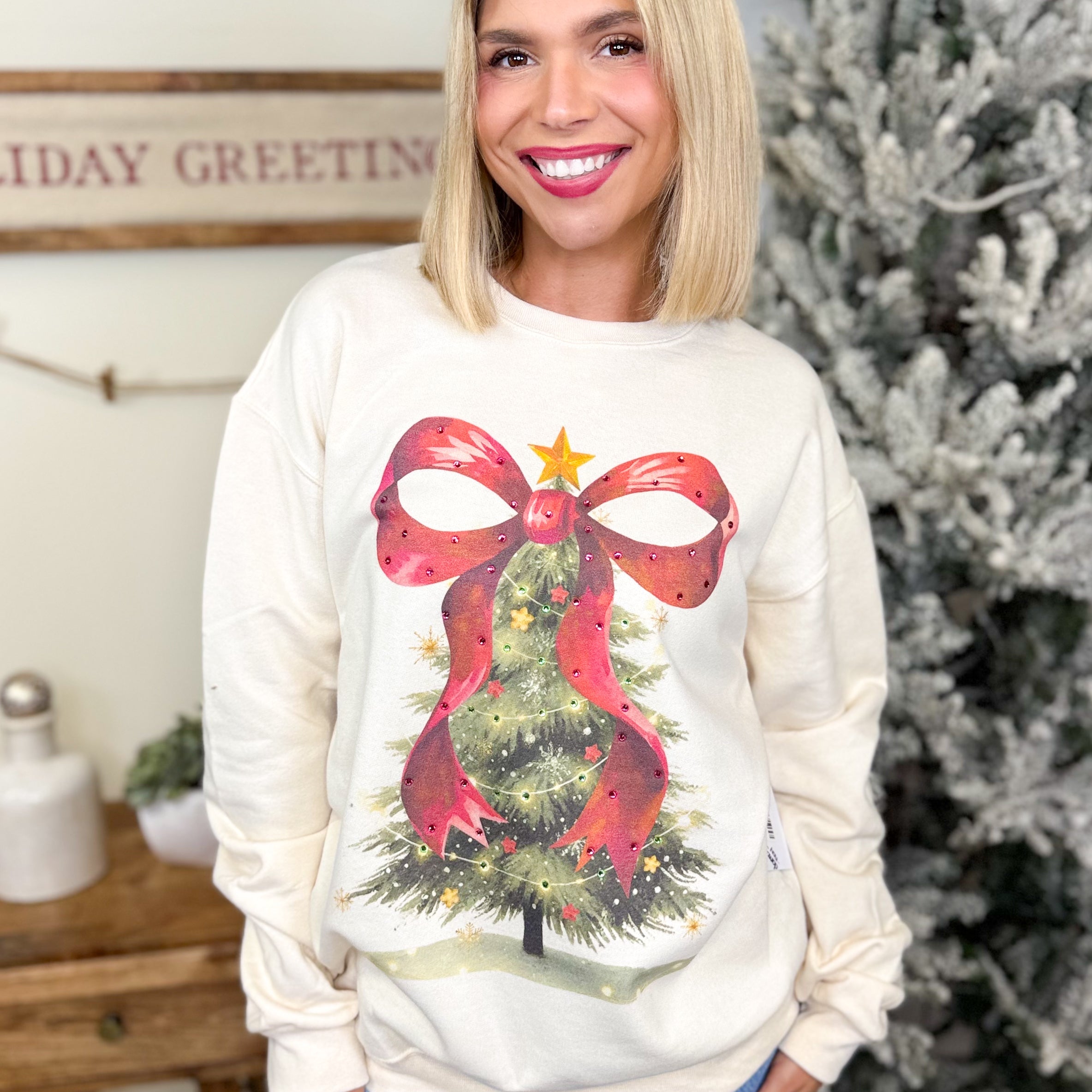 Rhinestone Bow Christmas Tree Graphic Sweatshirt-130 Graphic Tees-SUGAR STITCH-Heathered Boho Boutique, Women's Fashion and Accessories in Palmetto, FL