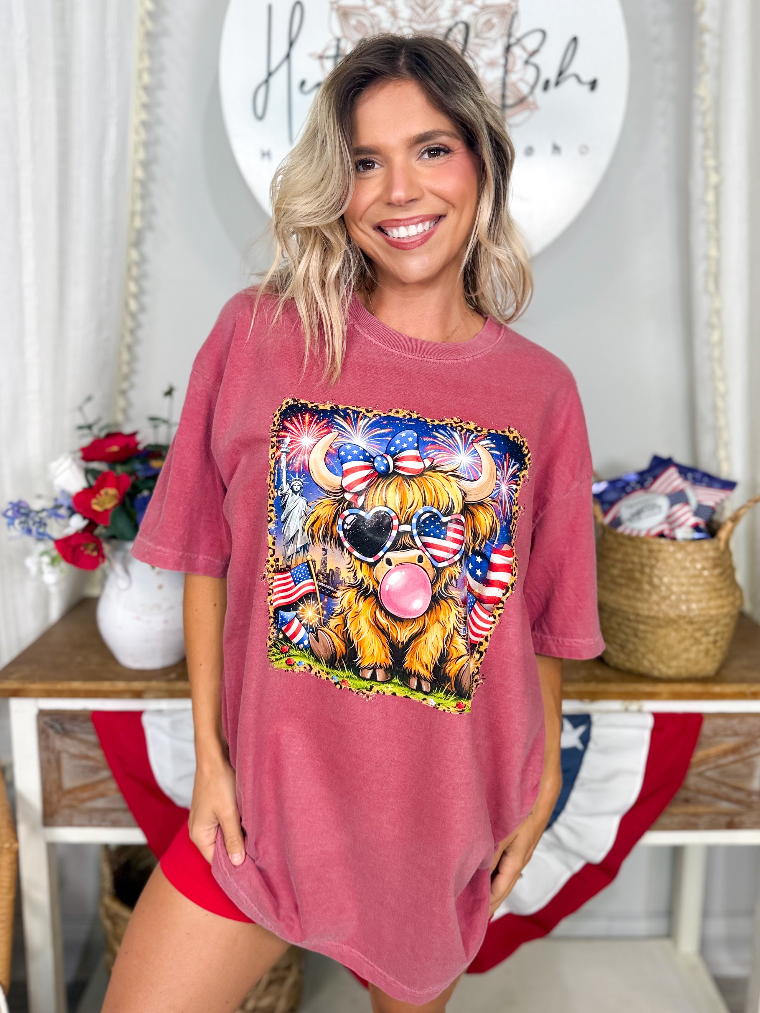 Highland Cow Graphic Tee-130 Graphic Tees-Heathered Boho-Heathered Boho Boutique, Women's Fashion and Accessories in Palmetto, FL