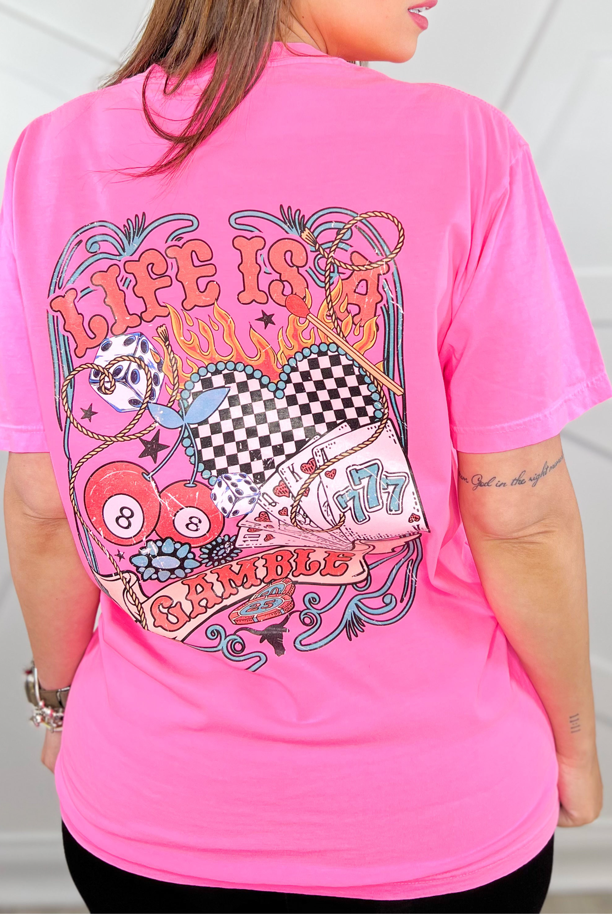 Life Is A Gamble Graphic Tee - Neon Pink-130 Graphic Tees-Heathered Boho-Heathered Boho Boutique, Women's Fashion and Accessories in Palmetto, FL