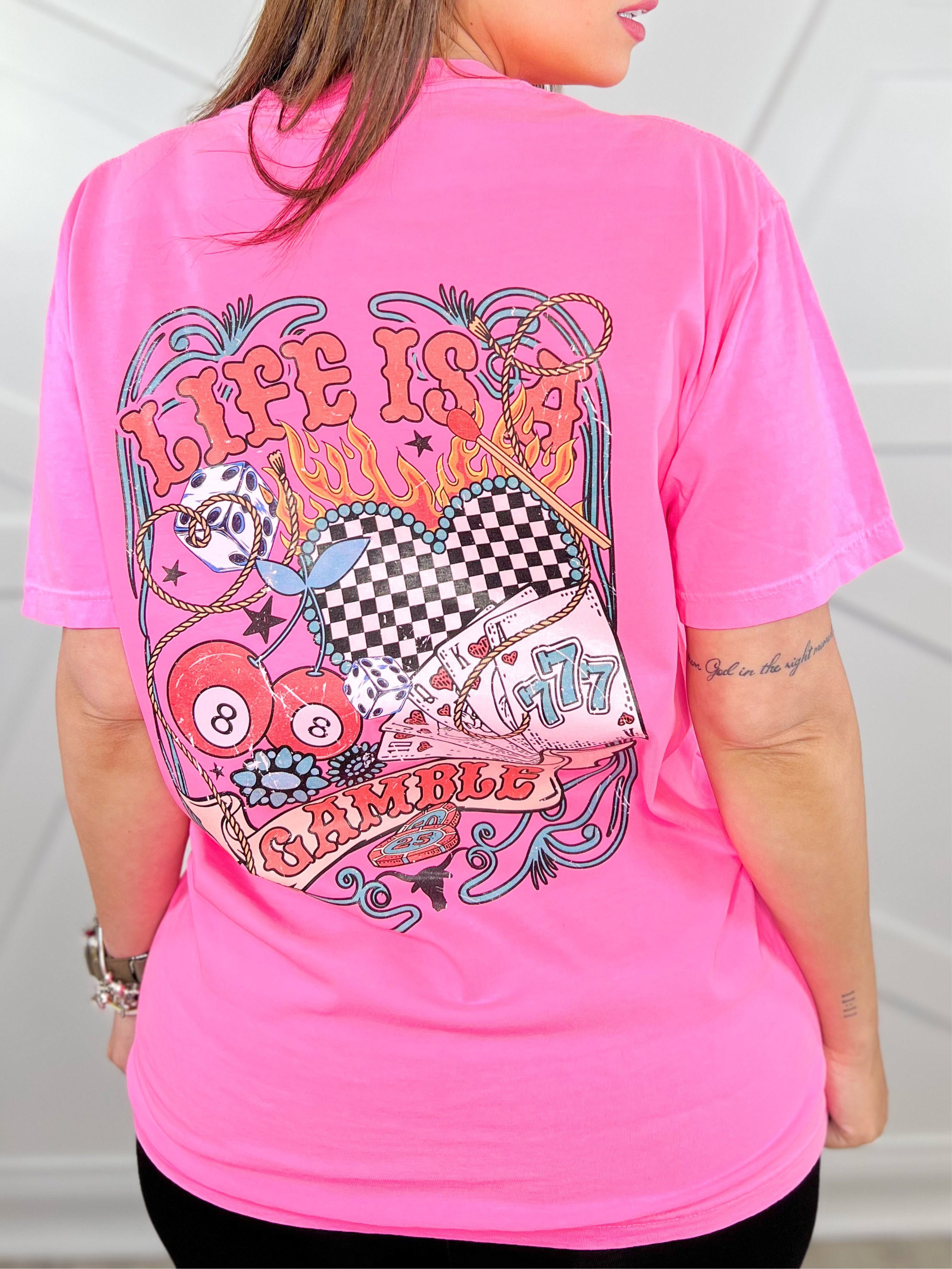 Life Is A Gamble Graphic Tee - Neon Pink-130 Graphic Tees-Heathered Boho-Heathered Boho Boutique, Women's Fashion and Accessories in Palmetto, FL