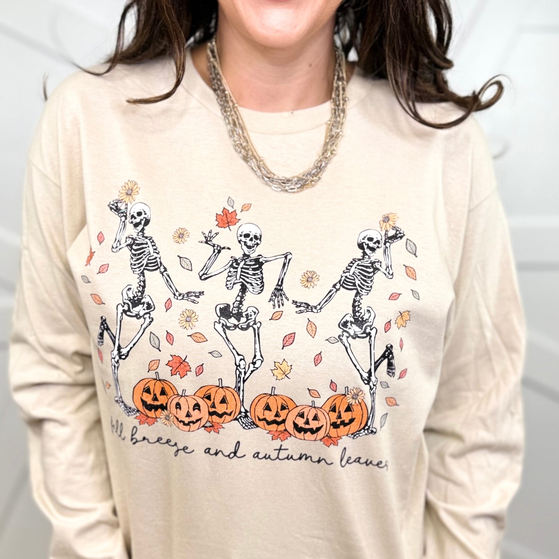 Dancing Skelly Trio Graphic Long Sleeve-130 Graphic Tees-Heathered Boho-Heathered Boho Boutique, Women's Fashion and Accessories in Palmetto, FL