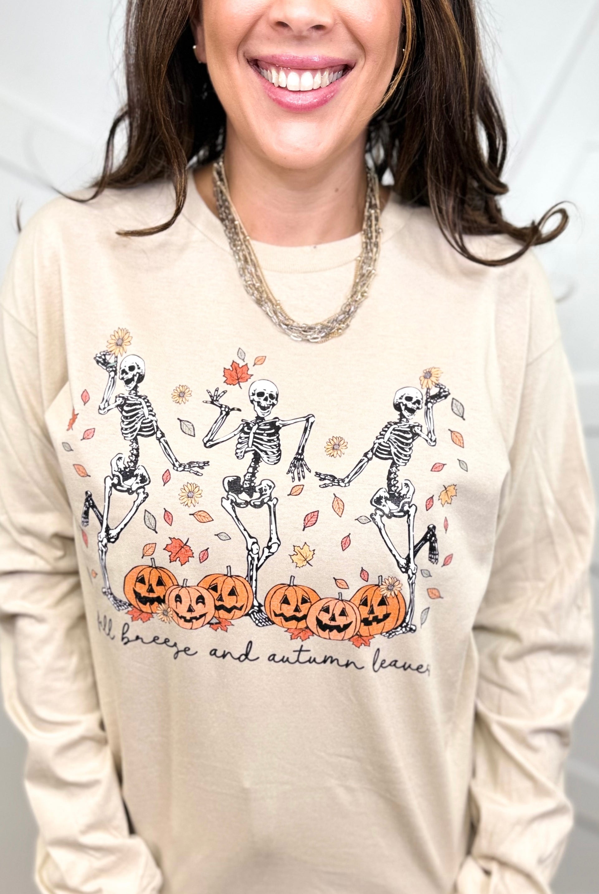 Dancing Skelly Trio Graphic Long Sleeve-130 Graphic Tees-Heathered Boho-Heathered Boho Boutique, Women's Fashion and Accessories in Palmetto, FL