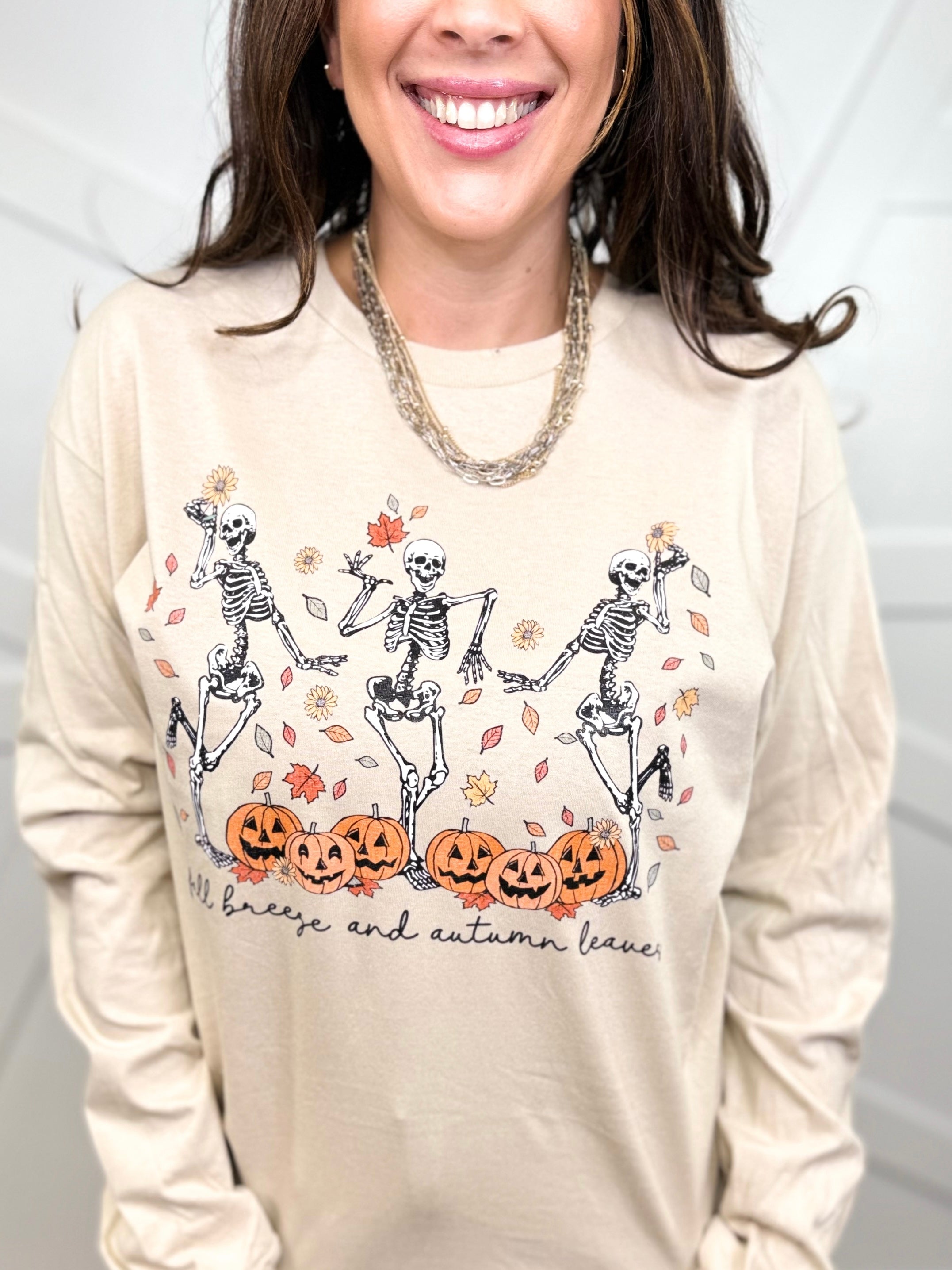 Dancing Skelly Trio Graphic Long Sleeve-130 Graphic Tees-Heathered Boho-Heathered Boho Boutique, Women's Fashion and Accessories in Palmetto, FL