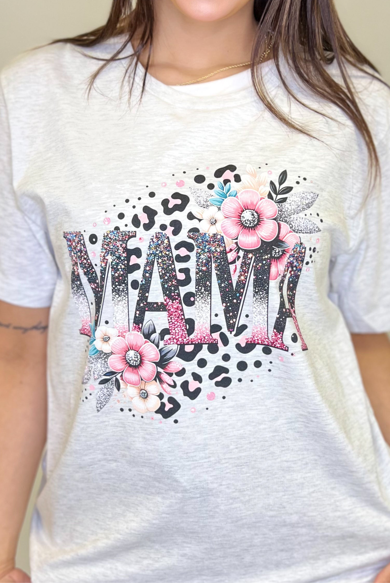 Glitter Pink Mama Graphic Tee-130 Graphic Tees-Heathered Boho-Heathered Boho Boutique, Women's Fashion and Accessories in Palmetto, FL