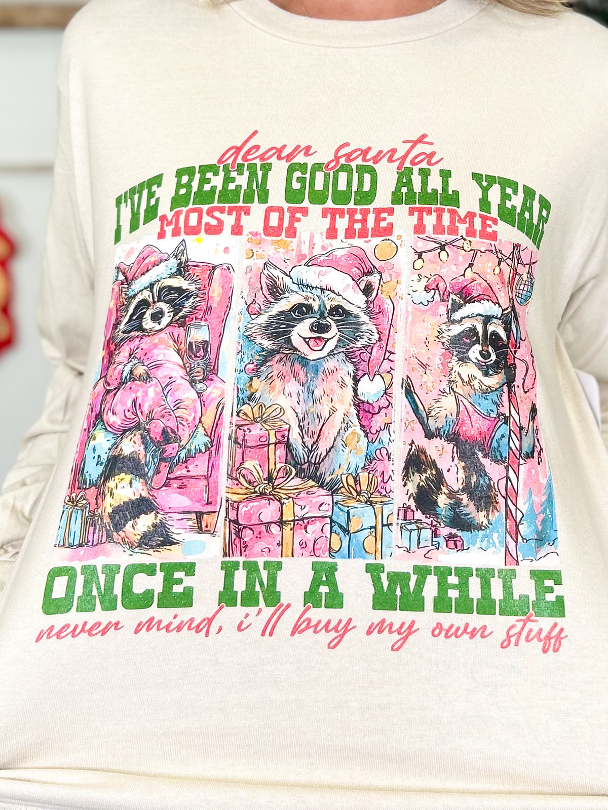 Festive Raccoon "Dear Santa" Graphic Long Sleeve-130 Graphic Tees-Heathered Boho-Heathered Boho Boutique, Women's Fashion and Accessories in Palmetto, FL