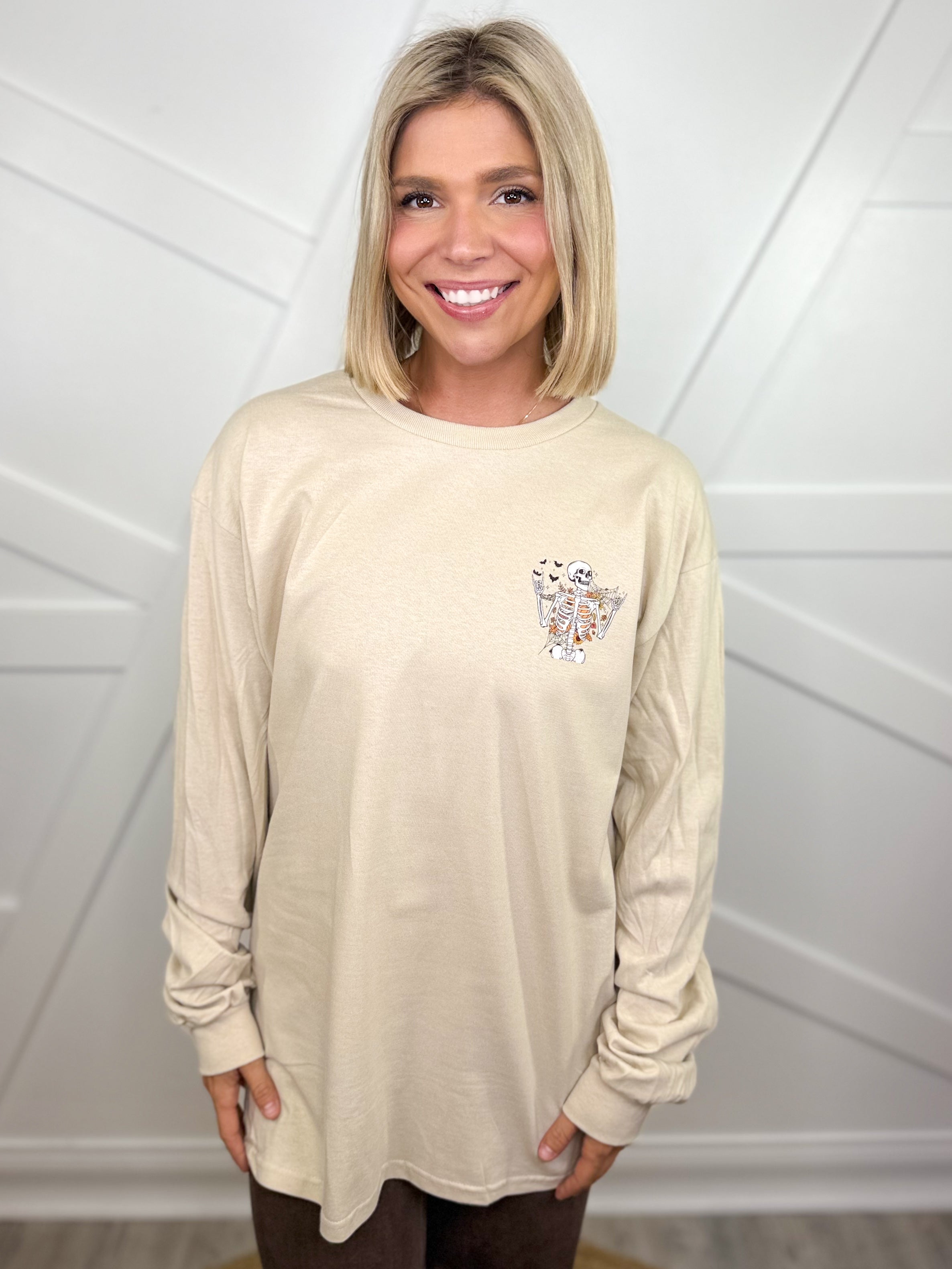 Fall Breeze w/ Pocket Skelly Graphic Long Sleeve-130 Graphic Tees-Heathered Boho-Heathered Boho Boutique, Women's Fashion and Accessories in Palmetto, FL