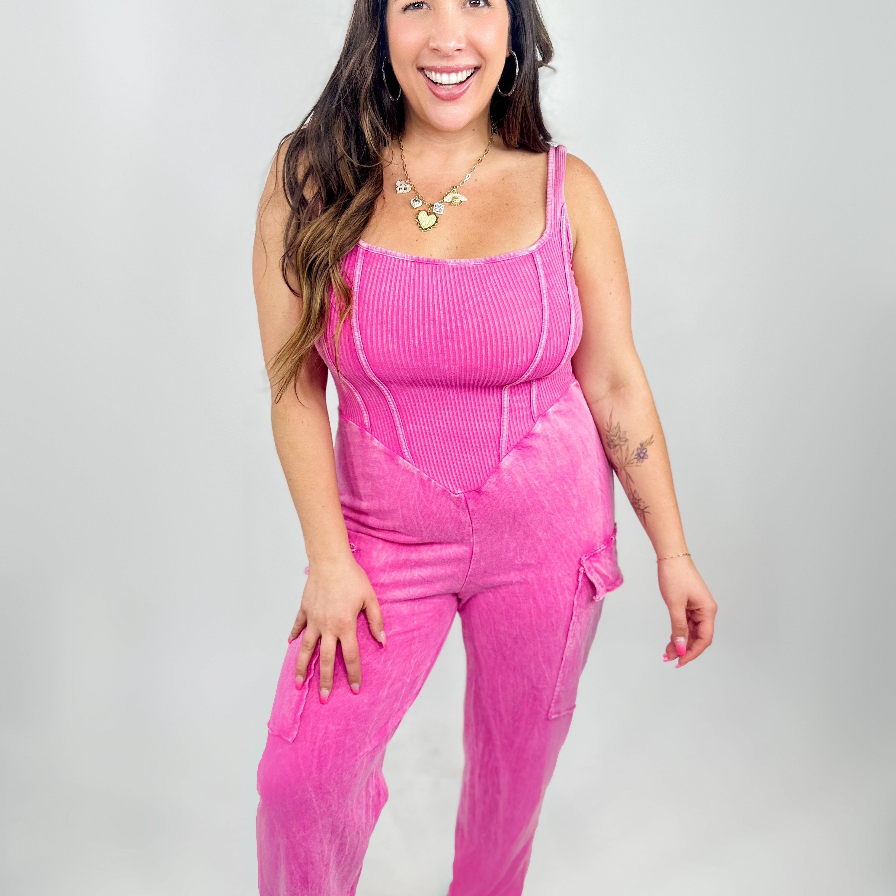 Hot Pink Super Waist Snatcher Mineral Wash Jumpsuit-230 Dresses/Jumpsuits/Rompers-J. Her-Heathered Boho Boutique, Women's Fashion and Accessories in Palmetto, FL