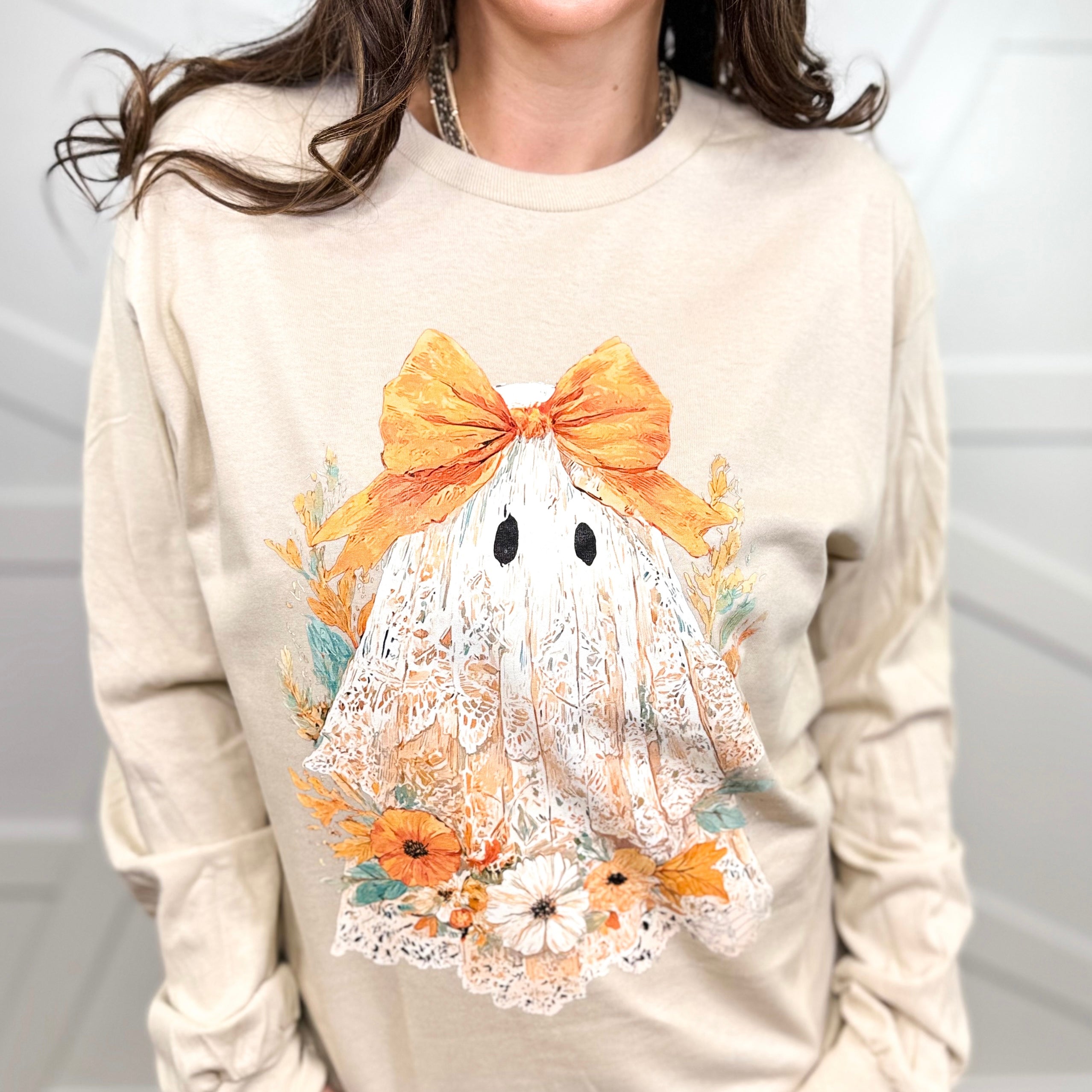 Fall Lace Ghost long Sleeve-130 Graphic Tees-Heathered Boho-Heathered Boho Boutique, Women's Fashion and Accessories in Palmetto, FL