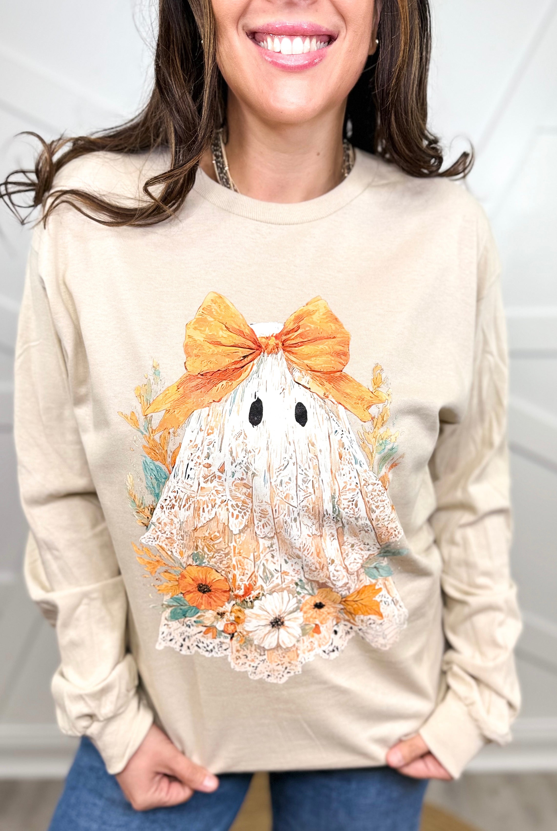 Fall Lace Ghost long Sleeve-130 Graphic Tees-Heathered Boho-Heathered Boho Boutique, Women's Fashion and Accessories in Palmetto, FL