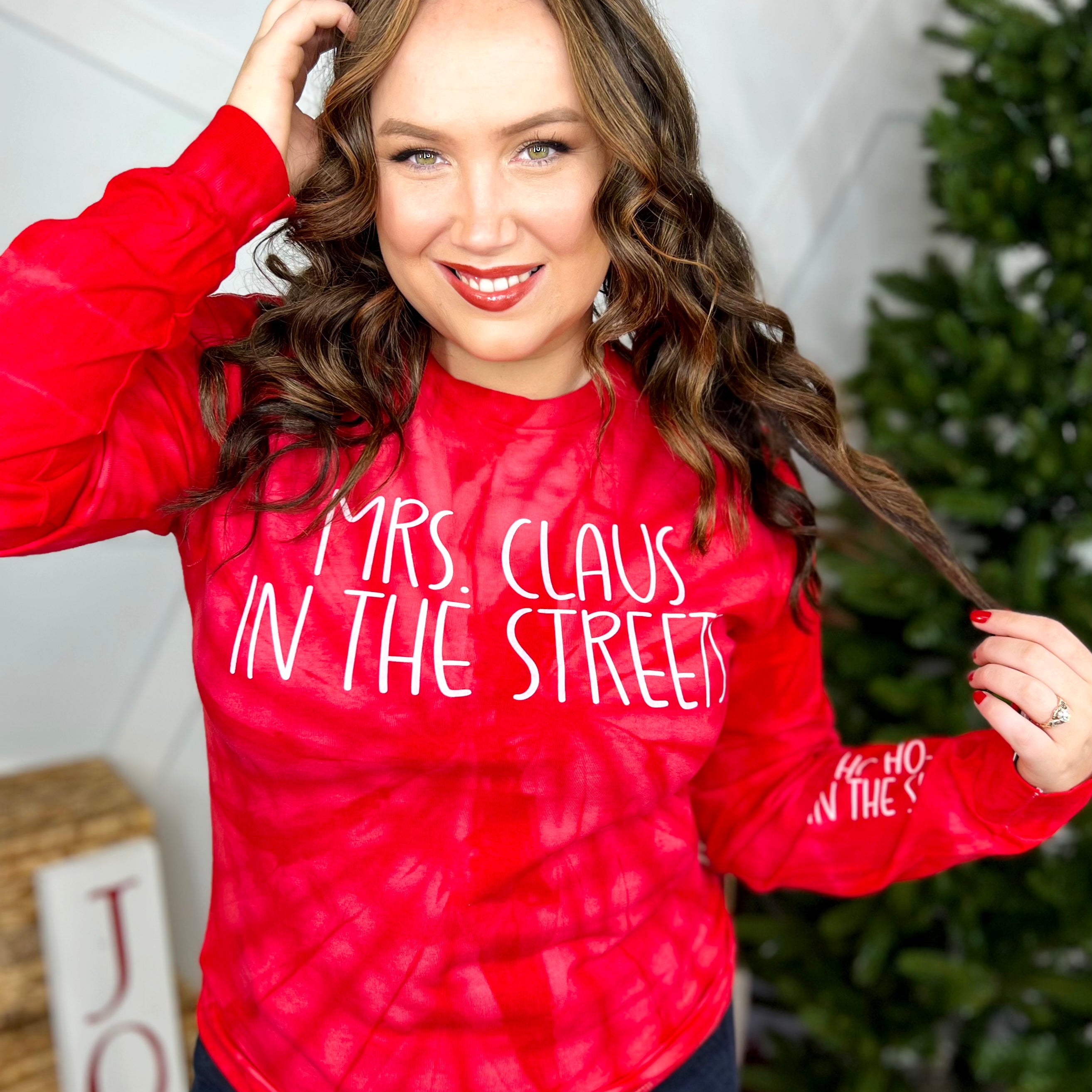 Mrs. Claus in the Streets Graphic Long Sleeve-120 Long Sleeve Tops-Heathered Boho-Heathered Boho Boutique, Women's Fashion and Accessories in Palmetto, FL