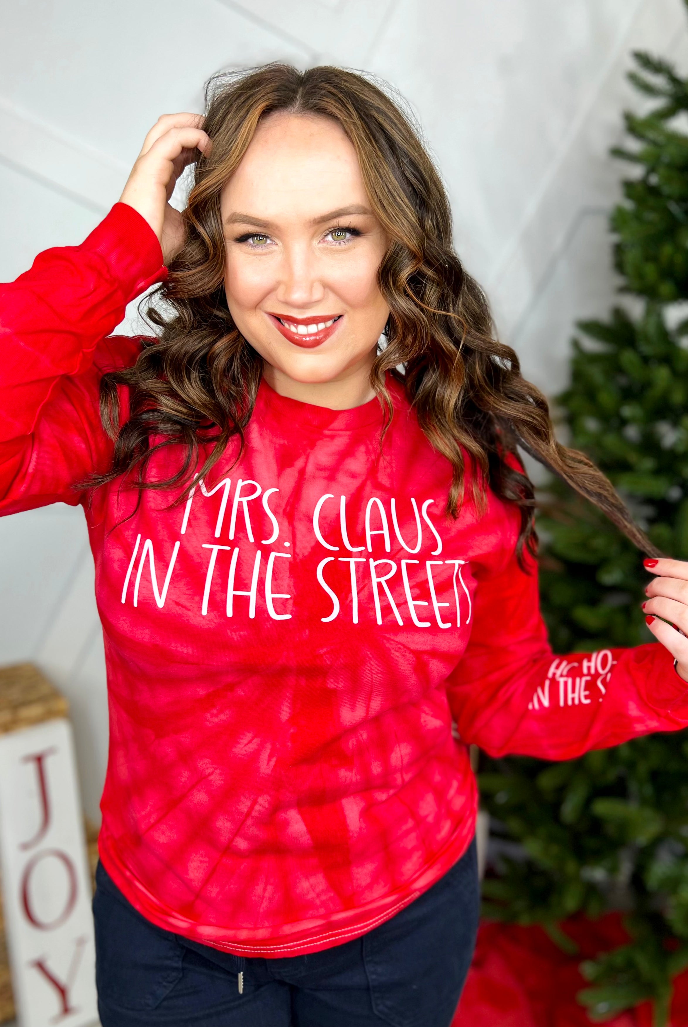 Mrs. Claus in the Streets Graphic Long Sleeve-120 Long Sleeve Tops-Heathered Boho-Heathered Boho Boutique, Women's Fashion and Accessories in Palmetto, FL