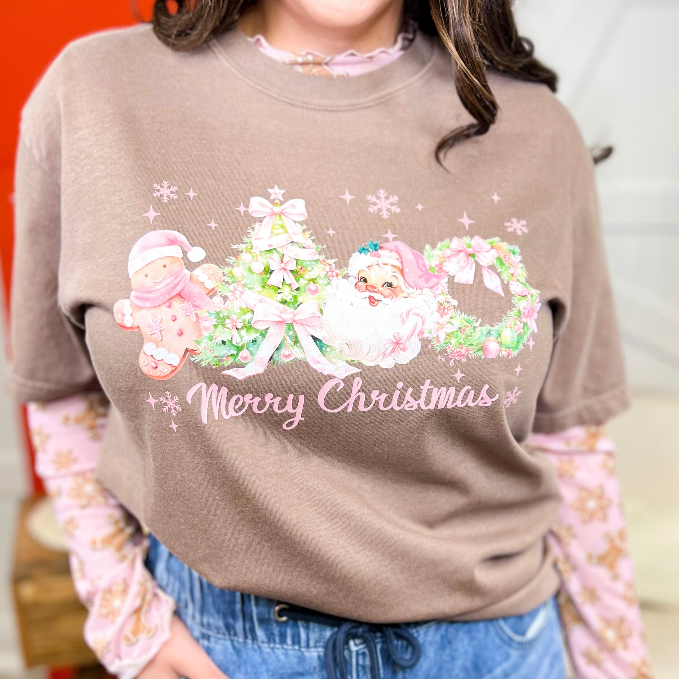 Pink Merry Christmas Graphic Shirt-125 Sweater-Heathered Boho-Heathered Boho Boutique, Women's Fashion and Accessories in Palmetto, FL