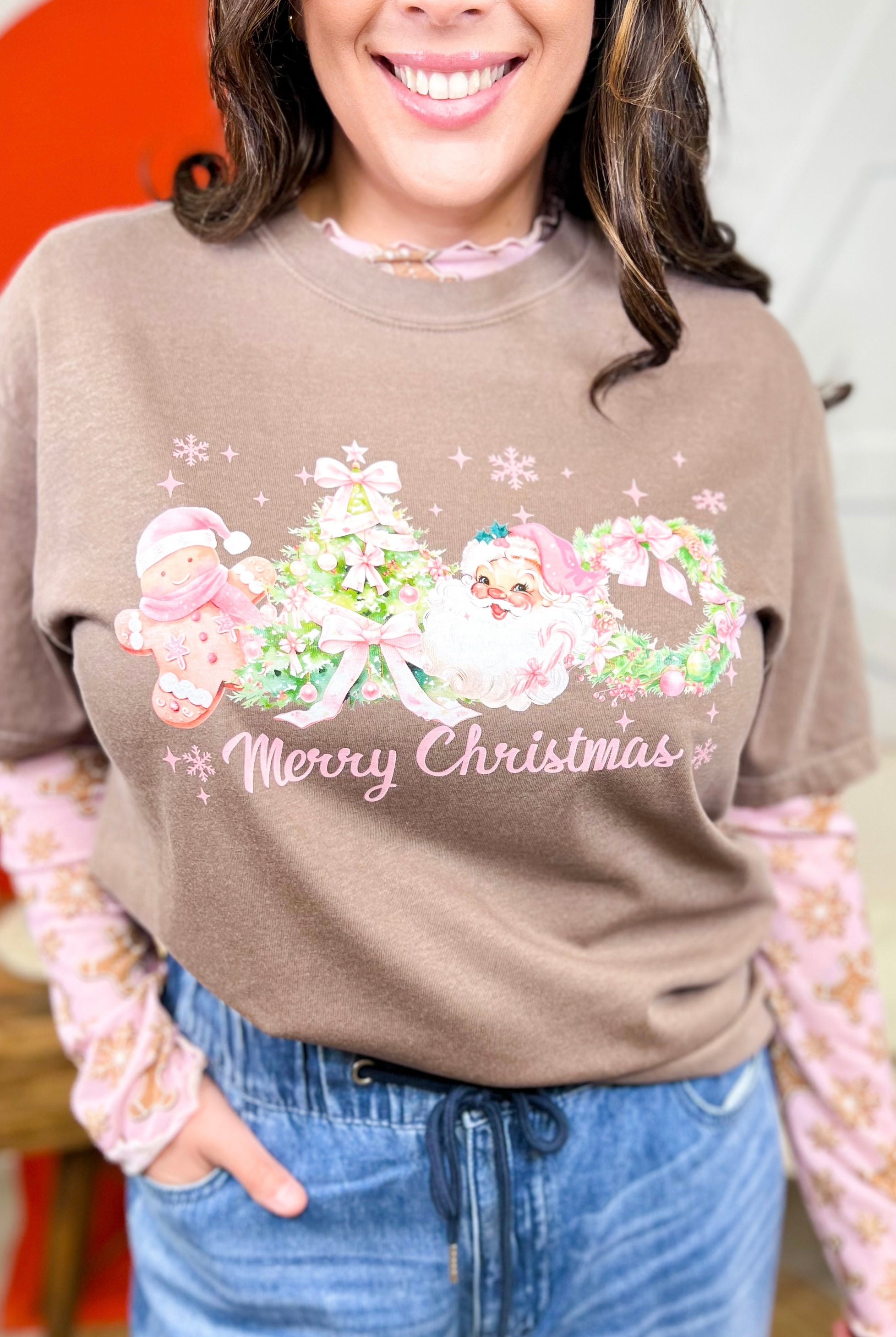 Pink Merry Christmas Graphic Shirt-125 Sweater-Heathered Boho-Heathered Boho Boutique, Women's Fashion and Accessories in Palmetto, FL