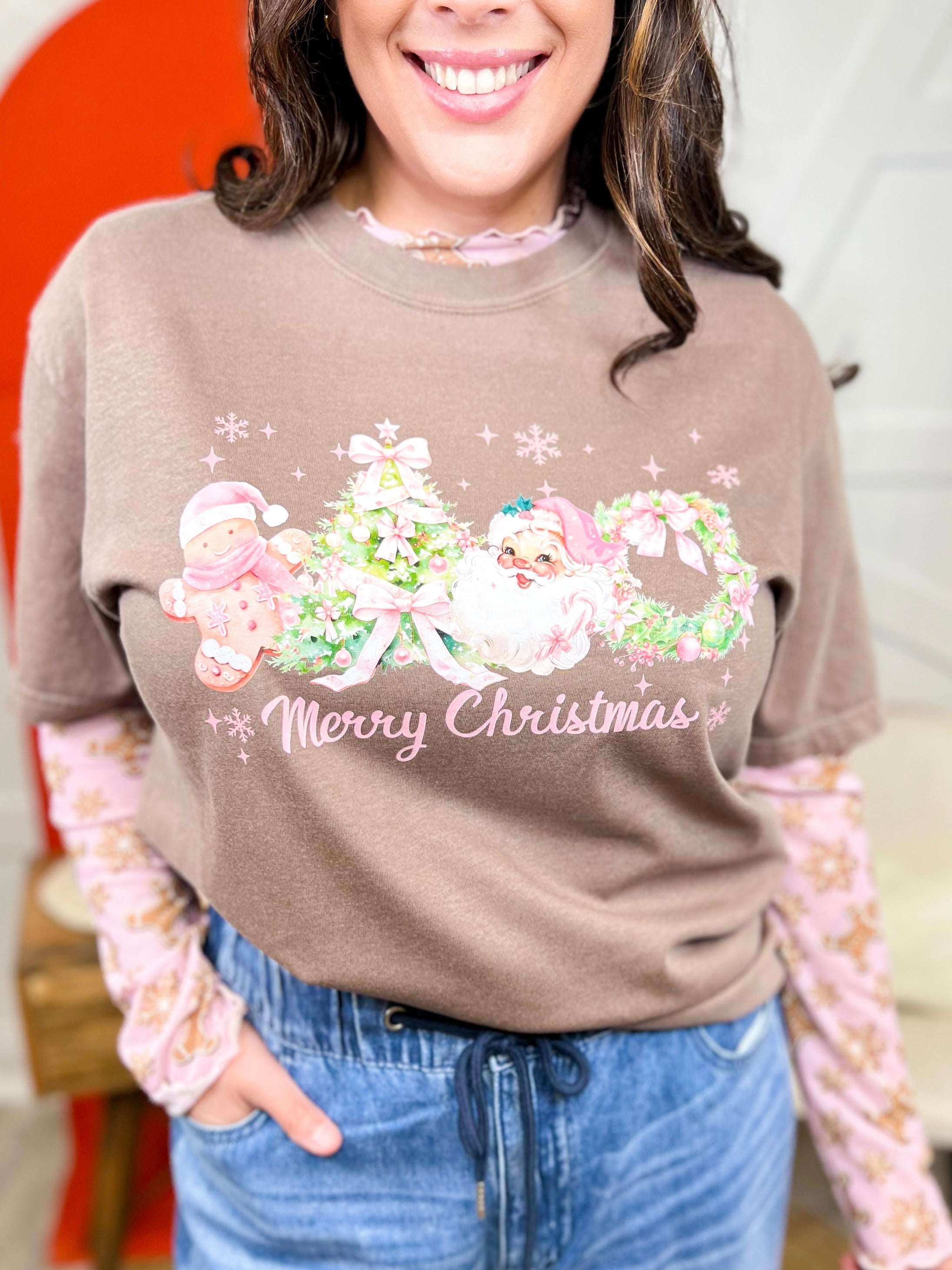 Pink Merry Christmas Graphic Shirt-125 Sweater-Heathered Boho-Heathered Boho Boutique, Women's Fashion and Accessories in Palmetto, FL