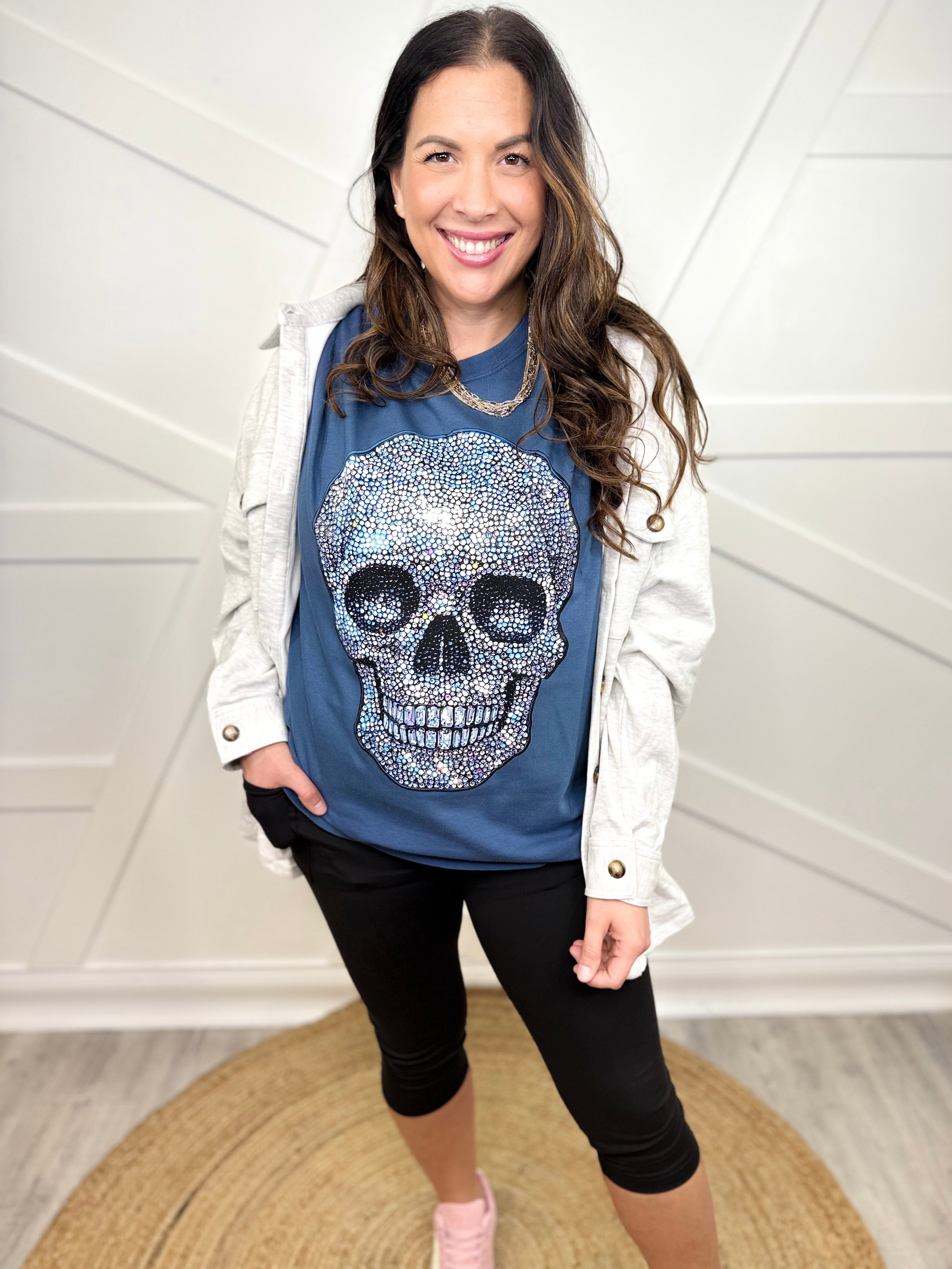 Rhinestone Skull Graphic Tee-130 Graphic Tees-Heathered Boho-Heathered Boho Boutique, Women's Fashion and Accessories in Palmetto, FL