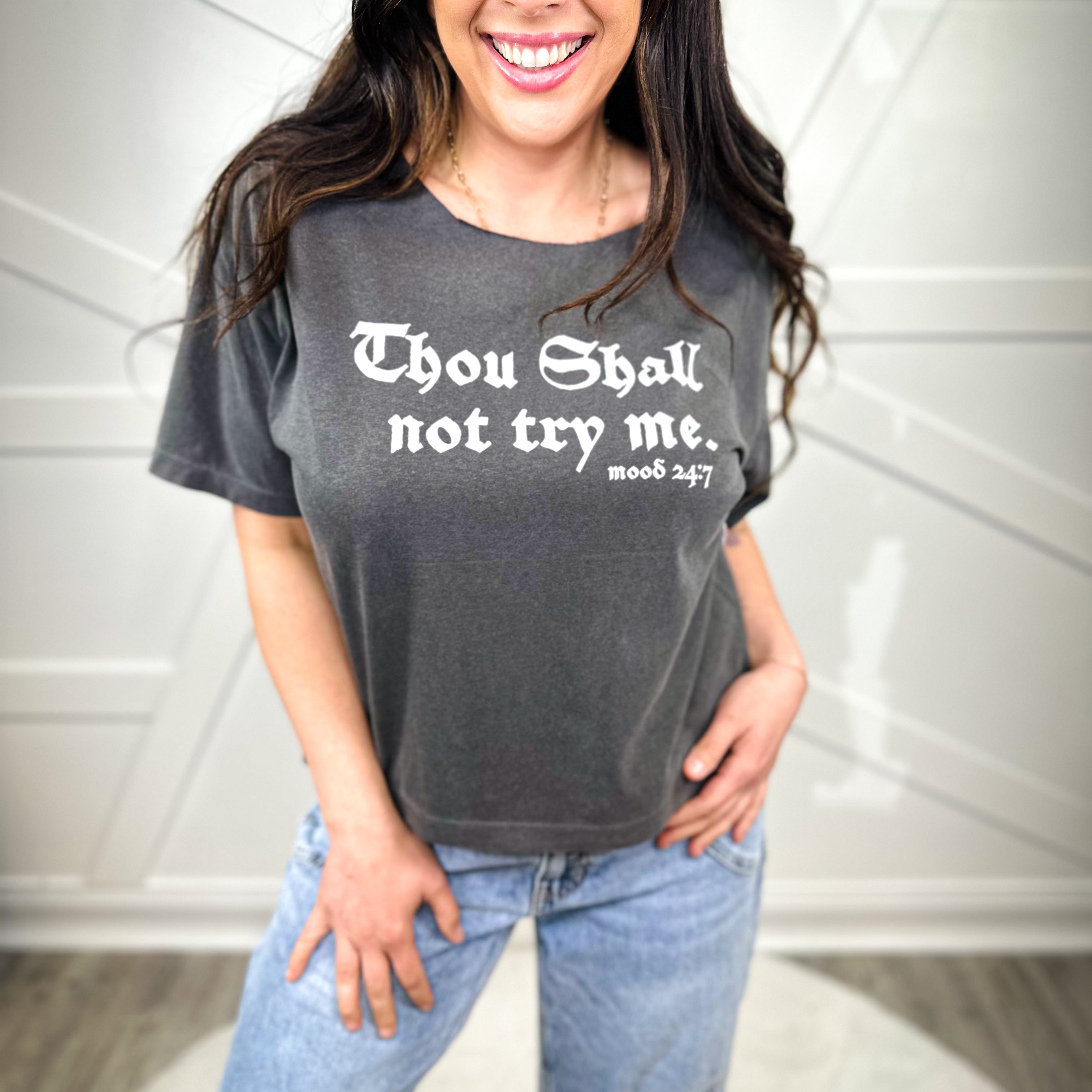 Thou Shall Not Try Me Graphic Tee-130 Graphic Tees-Heathered Boho-Heathered Boho Boutique, Women's Fashion and Accessories in Palmetto, FL