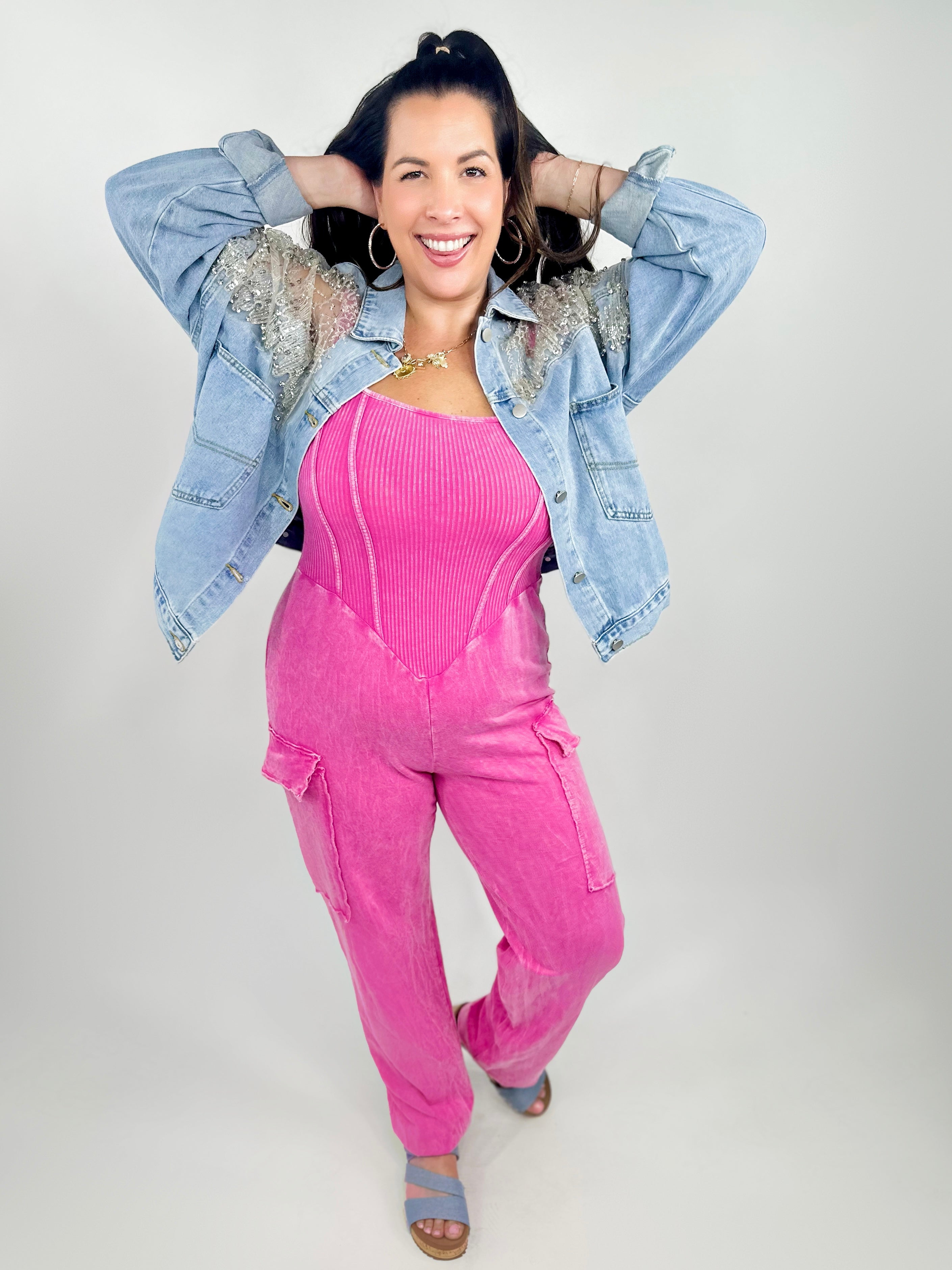 Hot Pink Super Waist Snatcher Mineral Wash Jumpsuit-230 Dresses/Jumpsuits/Rompers-J. Her-Heathered Boho Boutique, Women's Fashion and Accessories in Palmetto, FL