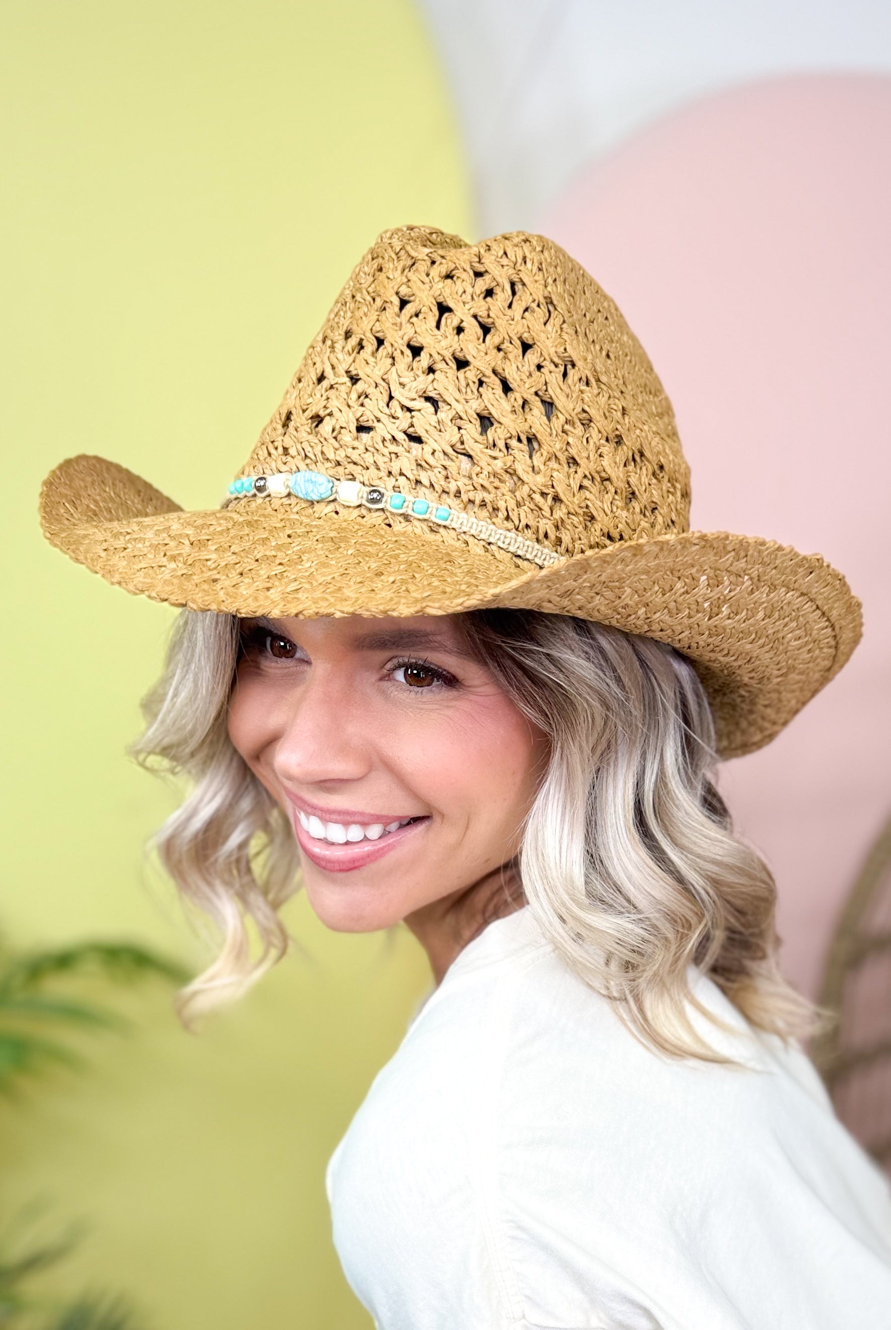 Braided Beads Straw Cowboy Hat-330 Headwear-Fame Accessories-Heathered Boho Boutique, Women's Fashion and Accessories in Palmetto, FL