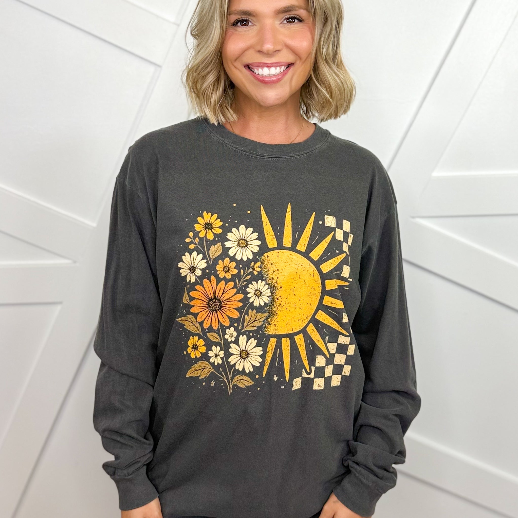Boho Floral Sun Graphic Long Sleeve-130 Graphic Tees-Heathered Boho-Heathered Boho Boutique, Women's Fashion and Accessories in Palmetto, FL