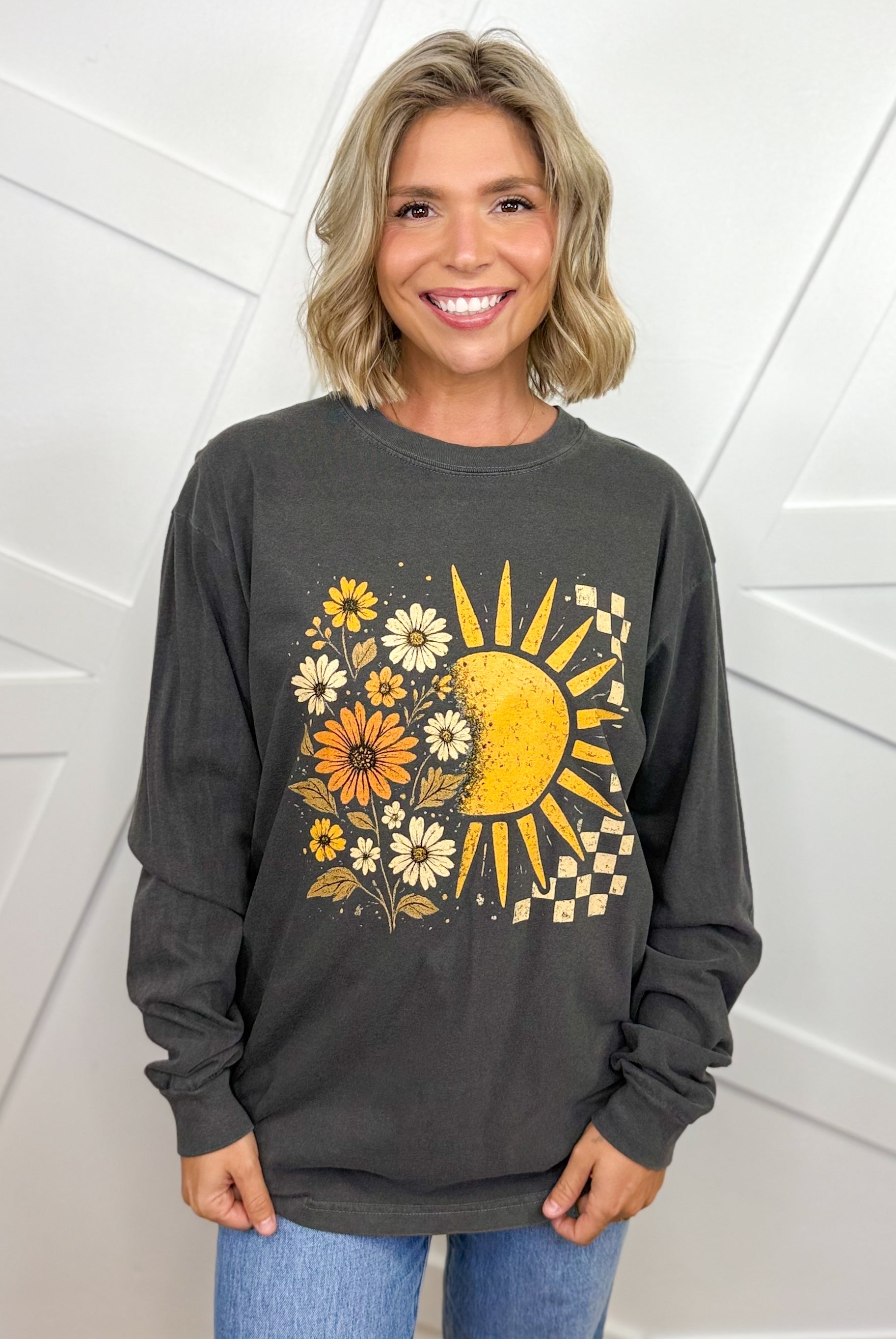 Boho Floral Sun Graphic Long Sleeve-130 Graphic Tees-Heathered Boho-Heathered Boho Boutique, Women's Fashion and Accessories in Palmetto, FL