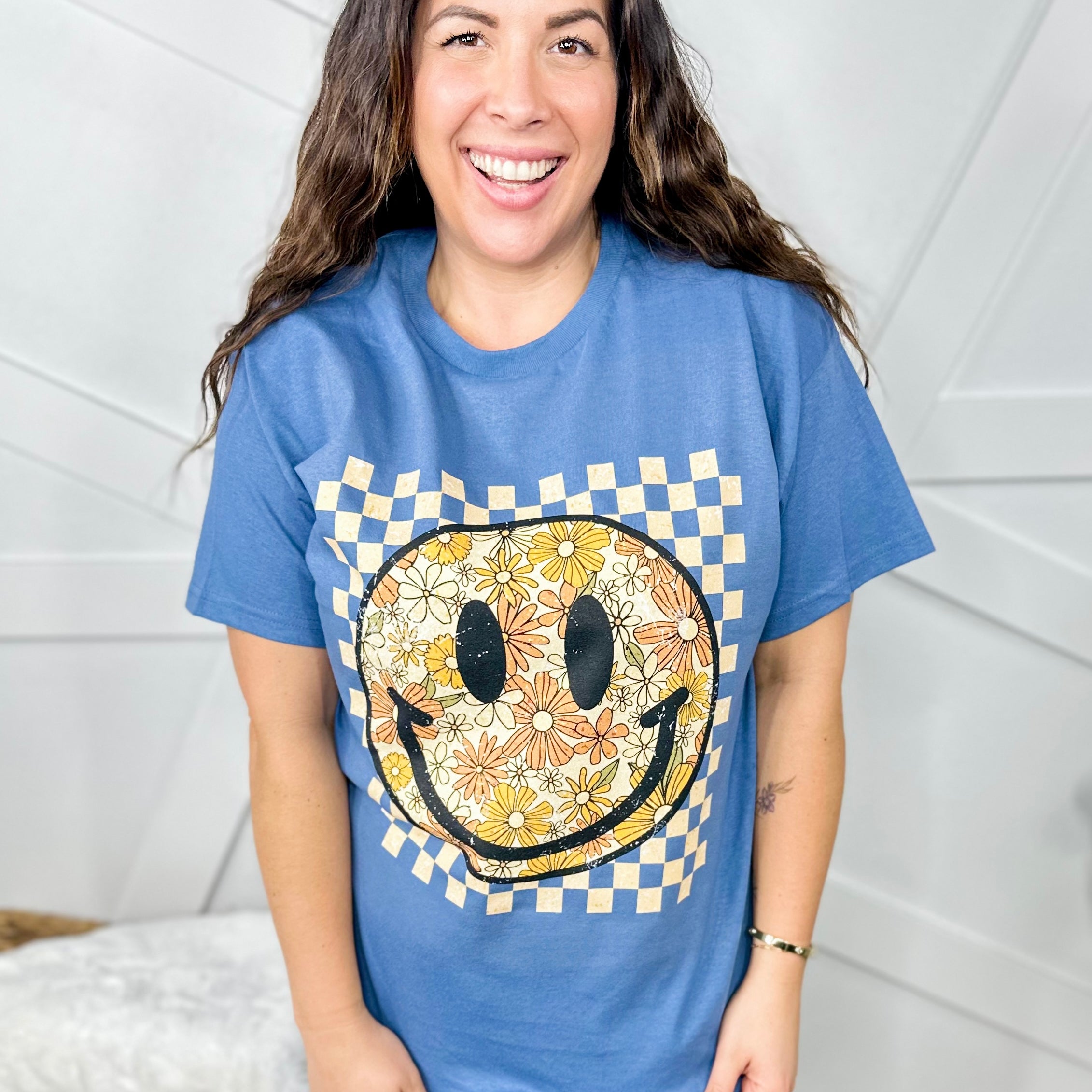 Autumn Checkered Smiley Graphic Tee-130 Graphic Tees-Heathered Boho-Heathered Boho Boutique, Women's Fashion and Accessories in Palmetto, FL