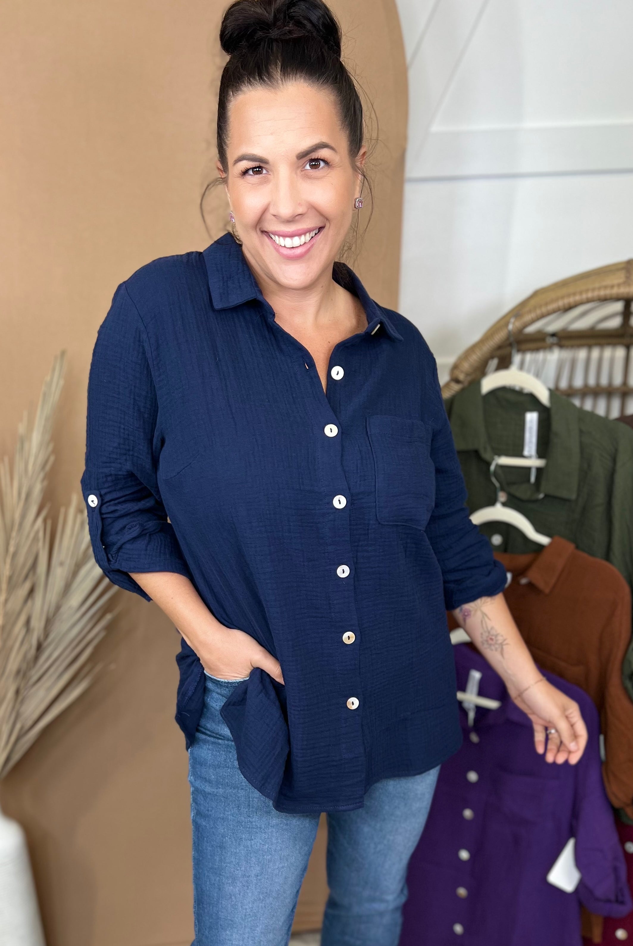 The Celia Button Down Top-120 LONG SLEEVE TOPS-DEAR SCARLETT-Heathered Boho Boutique, Women's Fashion and Accessories in Palmetto, FL
