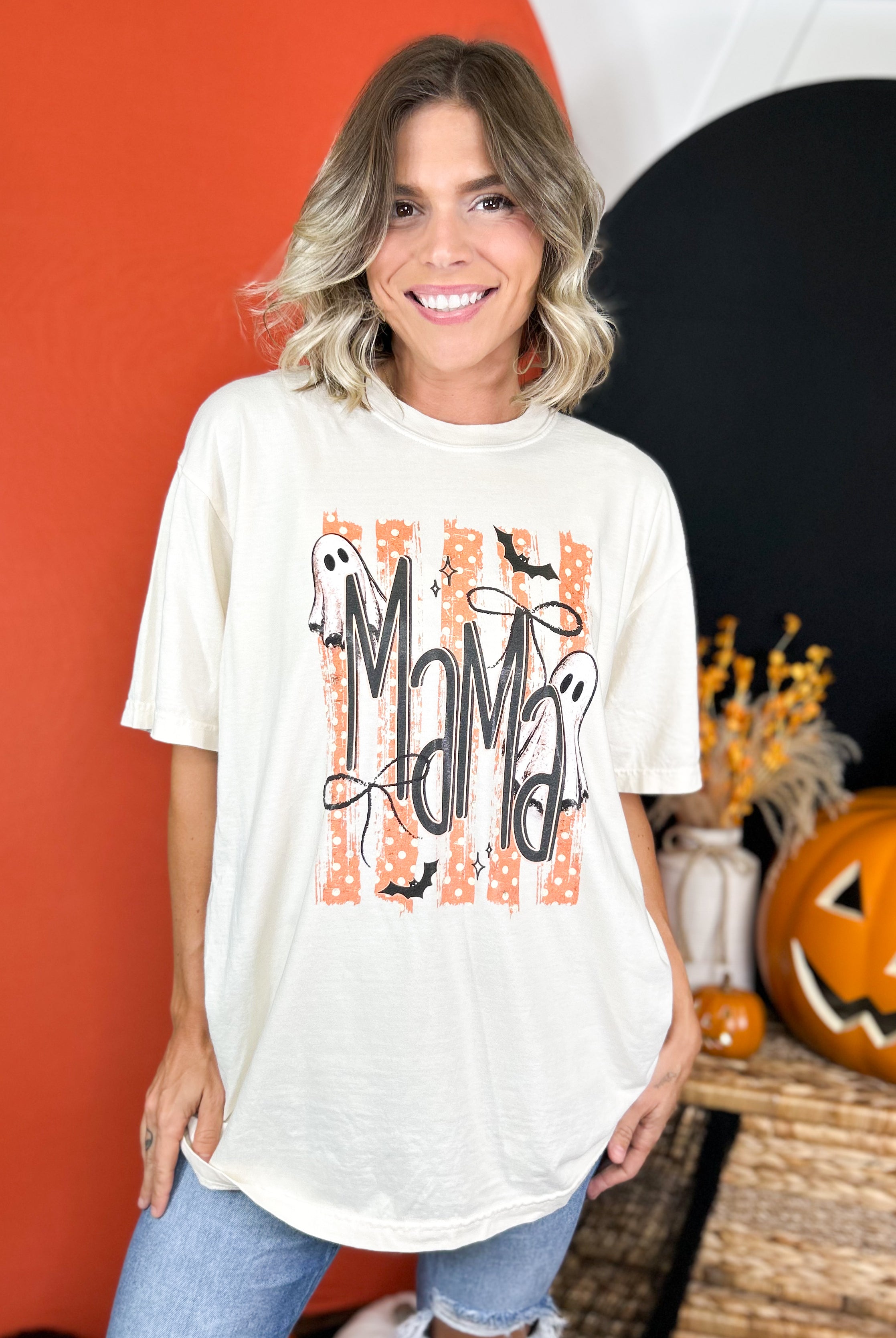 Halloween Mama with Bow Graphic Tee-130 Graphic Tees-Heathered Boho-Heathered Boho Boutique, Women's Fashion and Accessories in Palmetto, FL