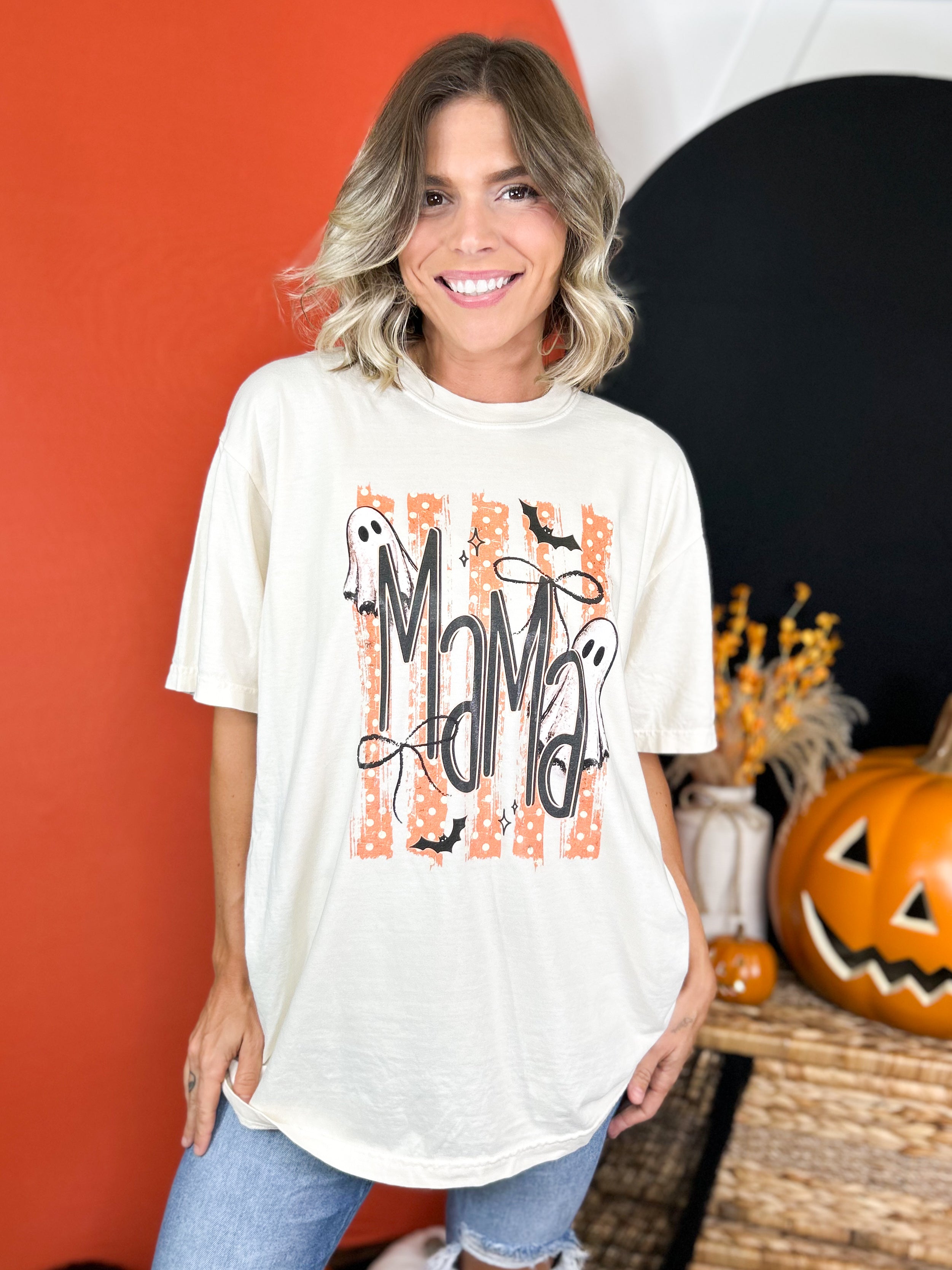 Halloween Mama with Bow Graphic Tee-130 Graphic Tees-Heathered Boho-Heathered Boho Boutique, Women's Fashion and Accessories in Palmetto, FL