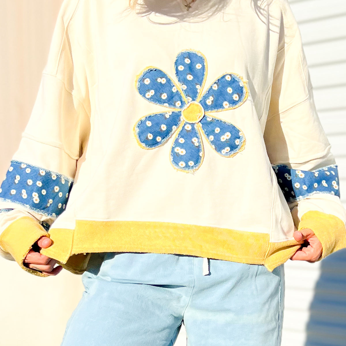 Daisy Days Patchwork Pullover-125 SWEATER-HEIMISH-Heathered Boho Boutique, Women's Fashion and Accessories in Palmetto, FL