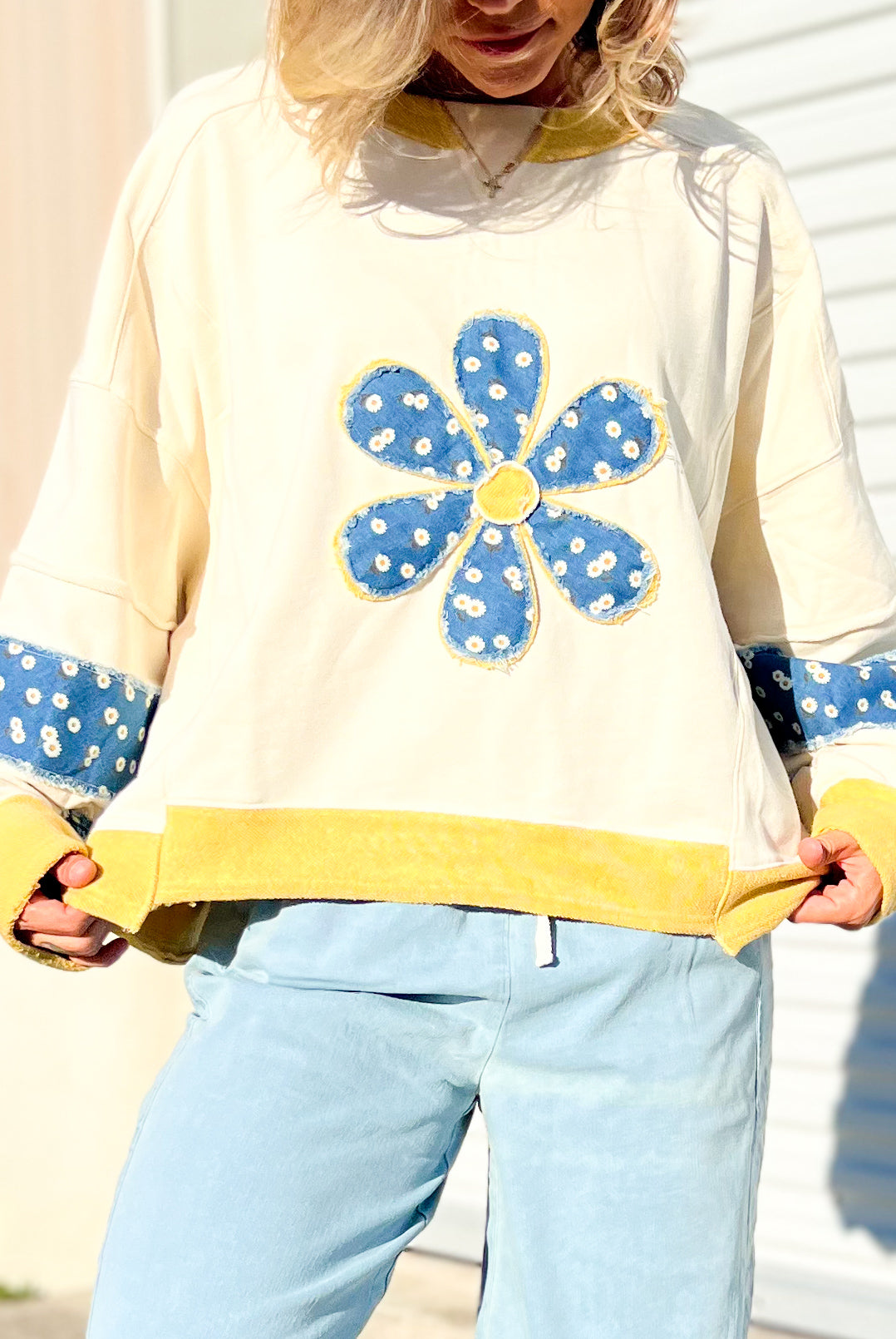 Daisy Days Patchwork Pullover-125 SWEATER-HEIMISH-Heathered Boho Boutique, Women's Fashion and Accessories in Palmetto, FL