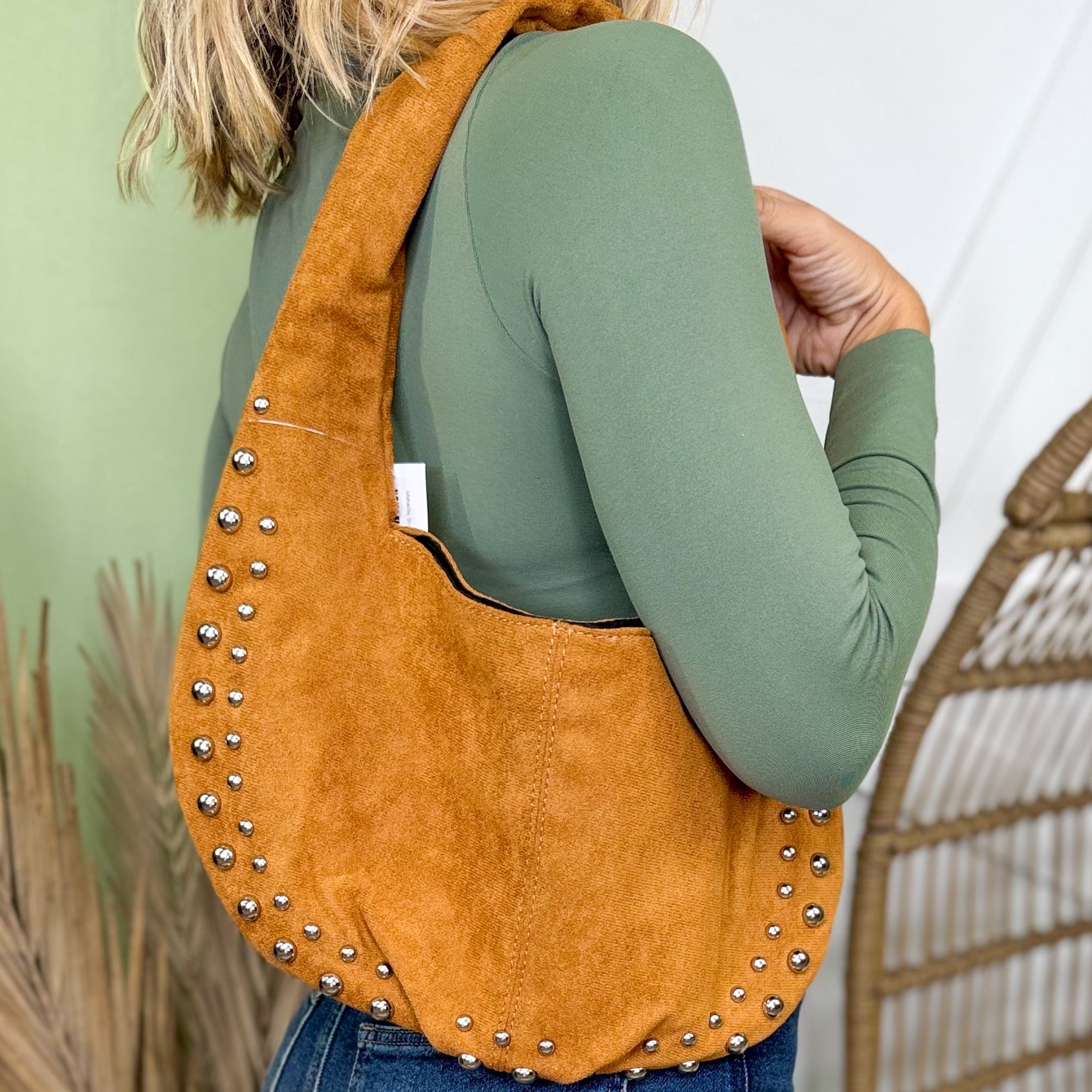 Metallic Studded Faux Suede Hand Bag-320 Bags-Fame Accessories-Heathered Boho Boutique, Women's Fashion and Accessories in Palmetto, FL
