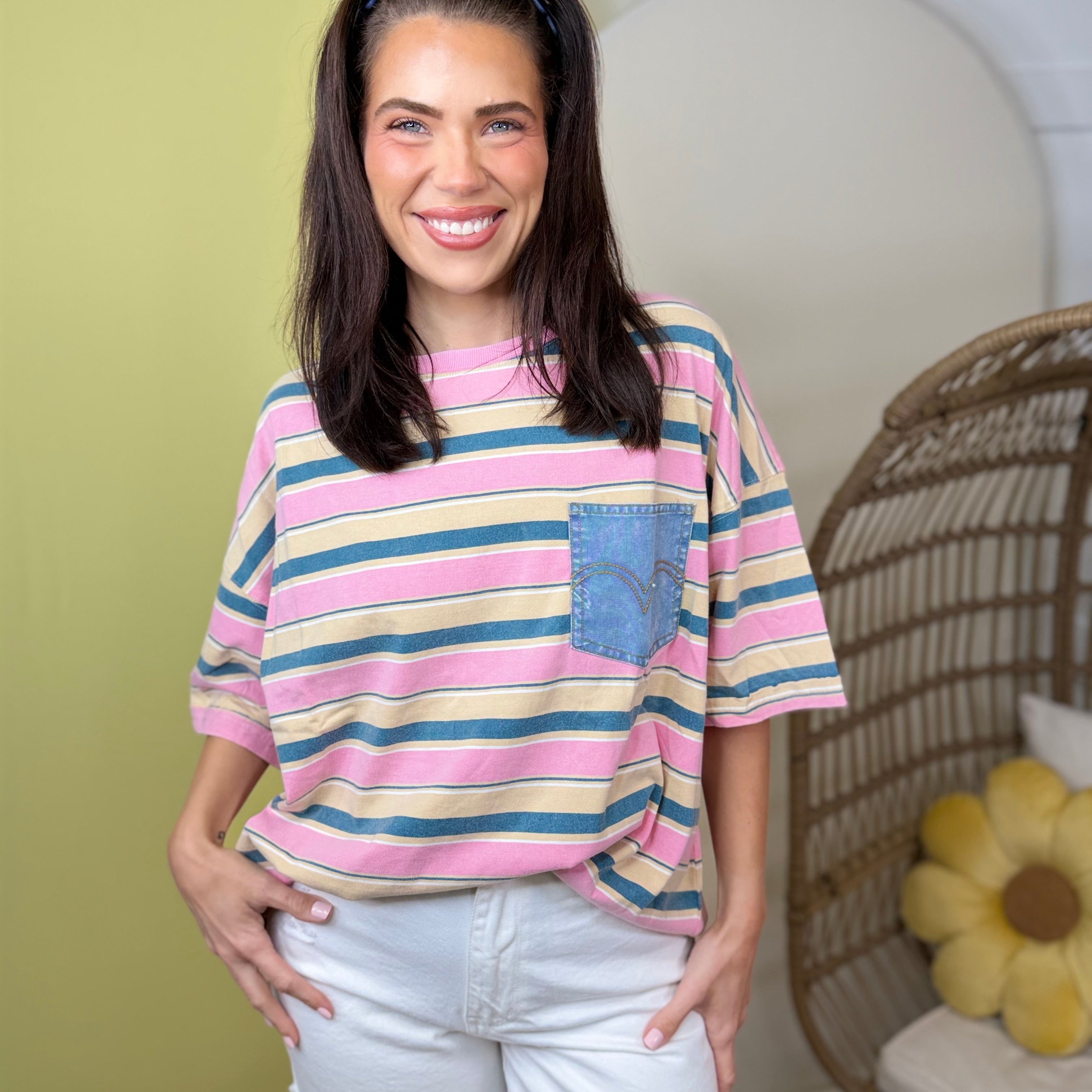 Coastal Stitch Stripe Tee-110 SHORT SLEEVE TOP-EASEL-Heathered Boho Boutique, Women's Fashion and Accessories in Palmetto, FL