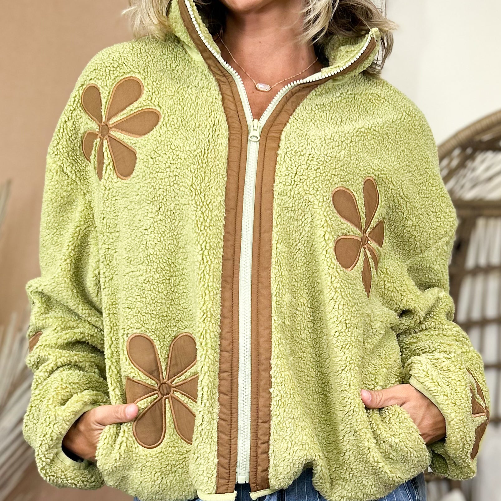 Flower Child Sherpa Jacket-200 JACKETS/SHACKETS-HEIMISH-Heathered Boho Boutique, Women's Fashion and Accessories in Palmetto, FL