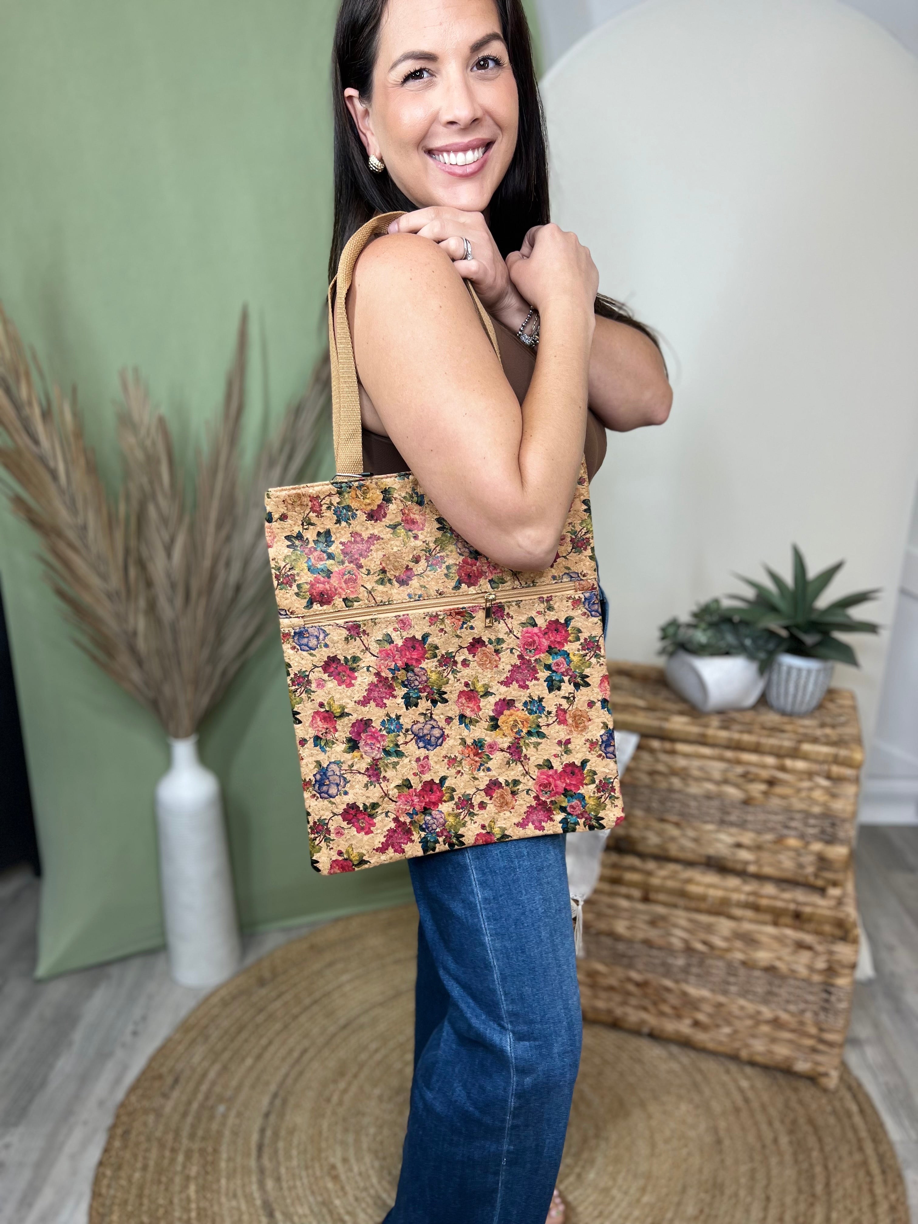 Floral Print Cork Tote Bag-320 Bags-Clovered Accessories-Heathered Boho Boutique, Women's Fashion and Accessories in Palmetto, FL