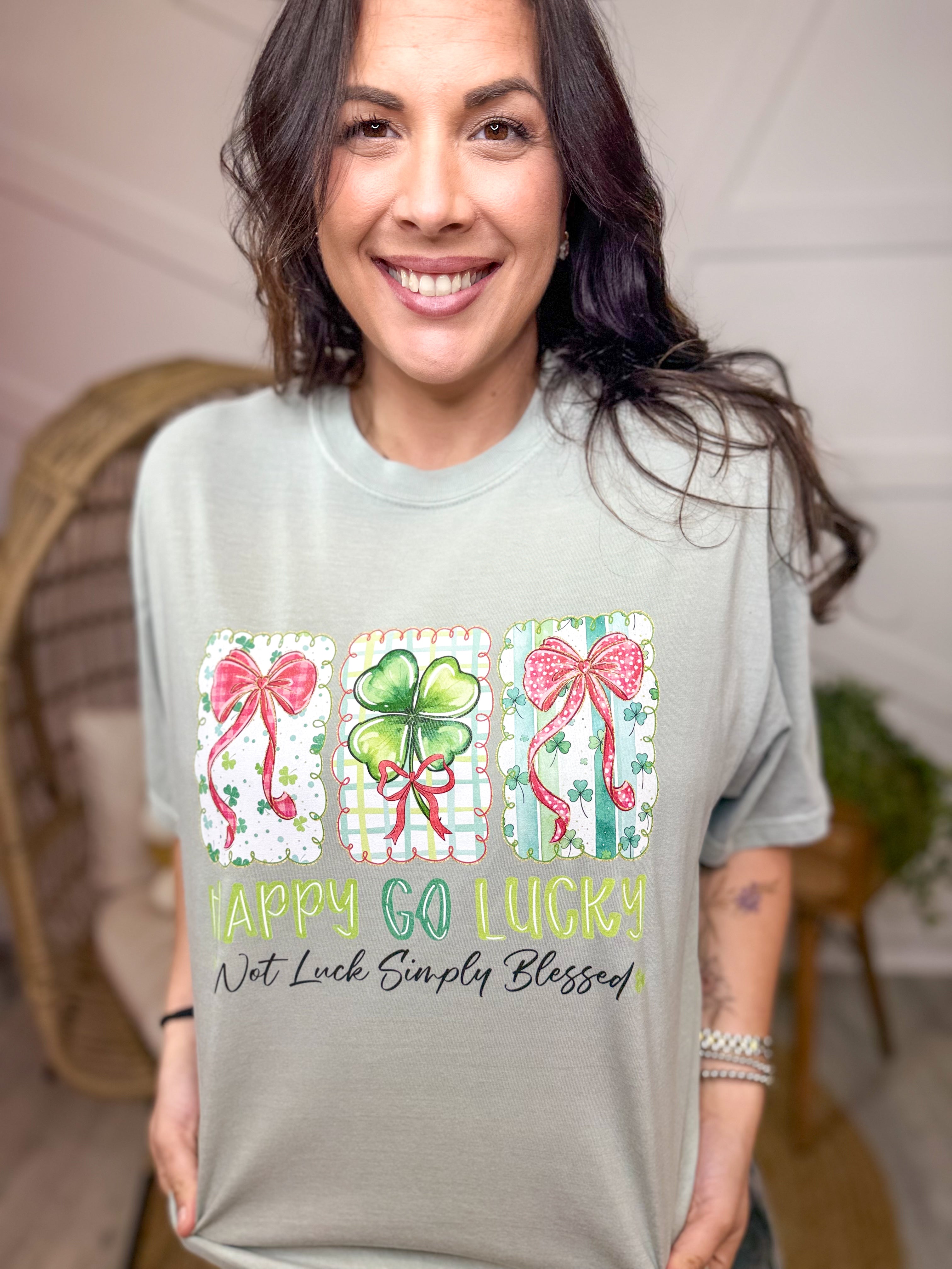 Happy Go Lucky Graphic Tee-130 Graphic Tees-Heathered Boho-Heathered Boho Boutique, Women's Fashion and Accessories in Palmetto, FL