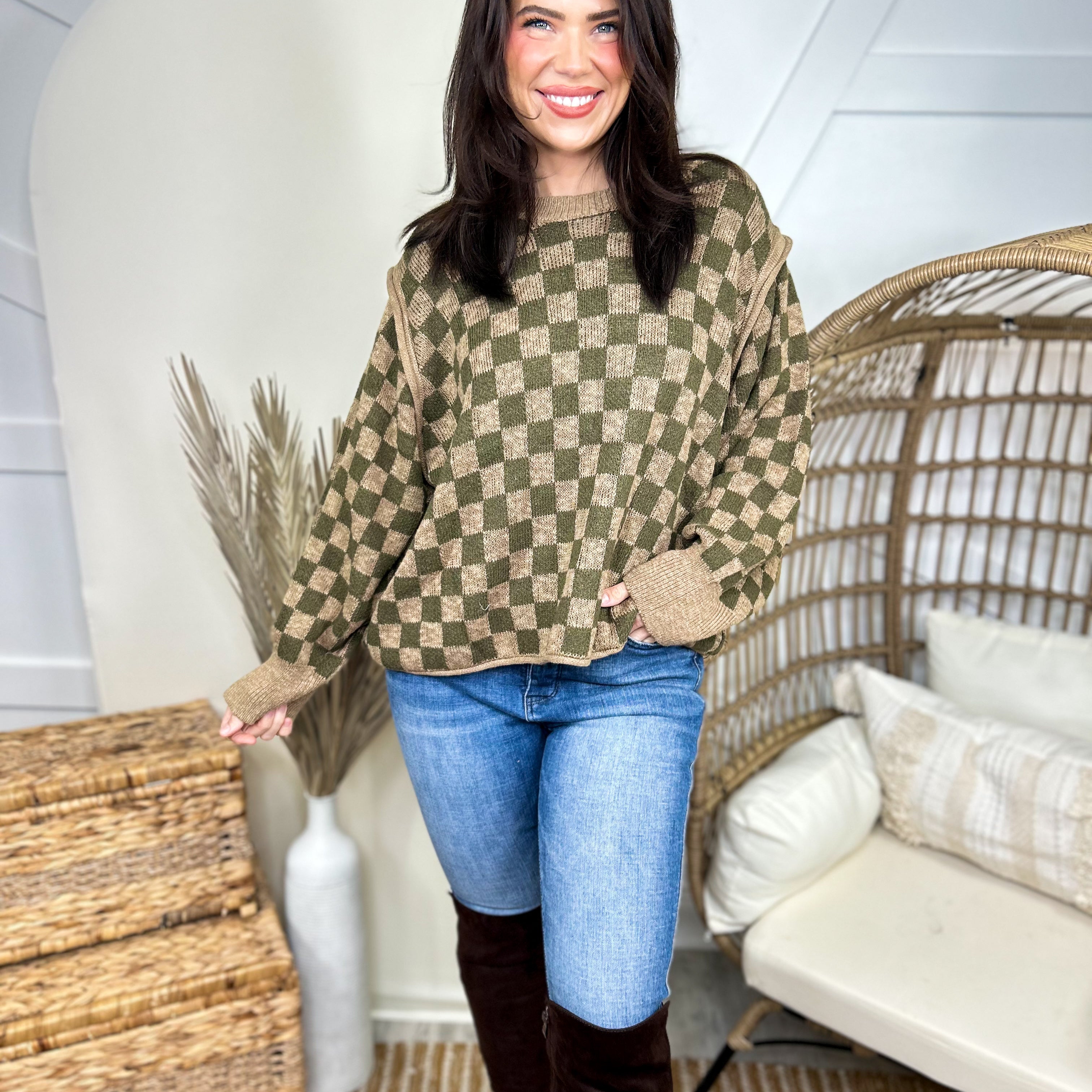 Checker Knit Sweater-125 Sweater-MELLOW-Heathered Boho Boutique, Women's Fashion and Accessories in Palmetto, FL