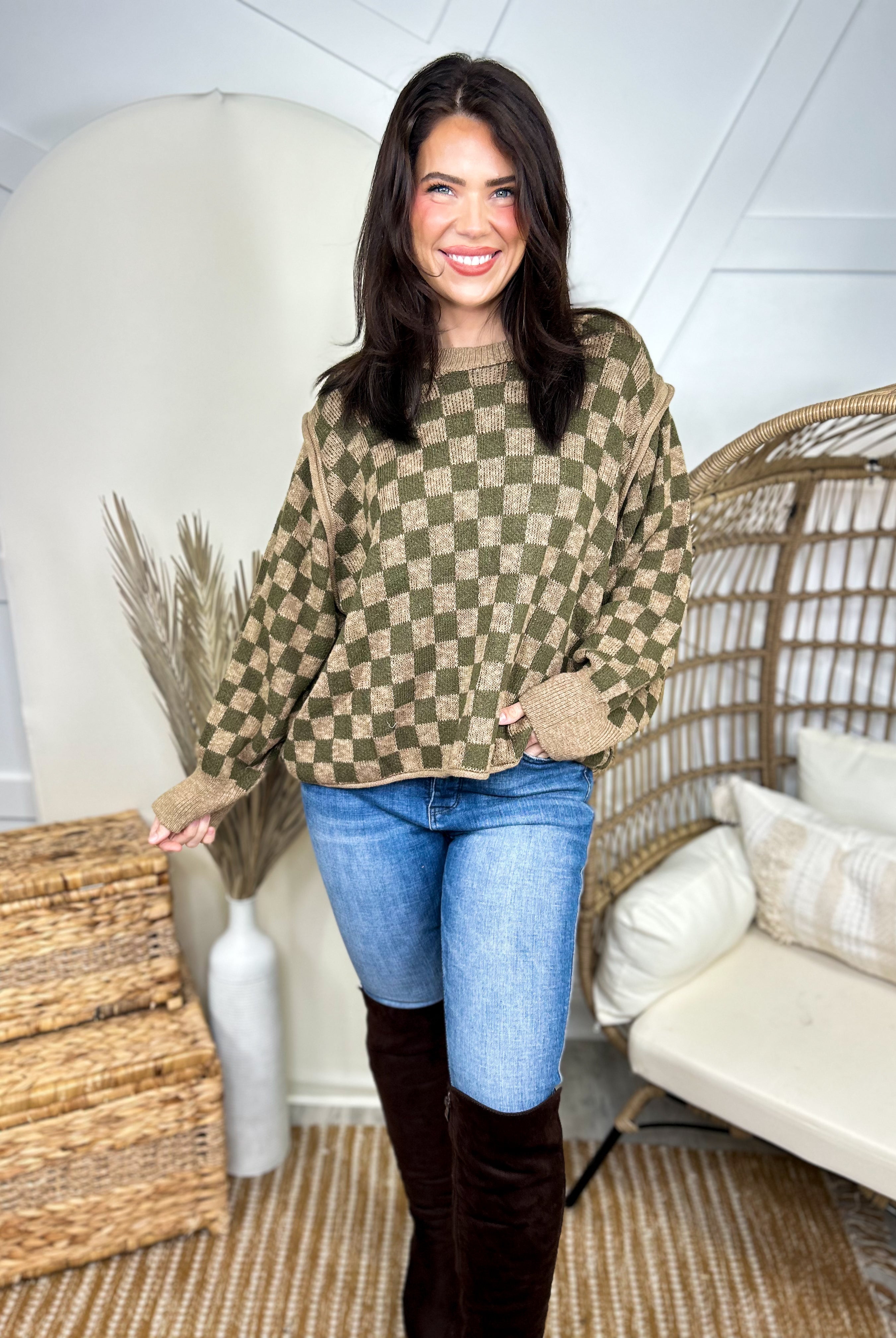 Checker Knit Sweater-125 Sweater-MELLOW-Heathered Boho Boutique, Women's Fashion and Accessories in Palmetto, FL