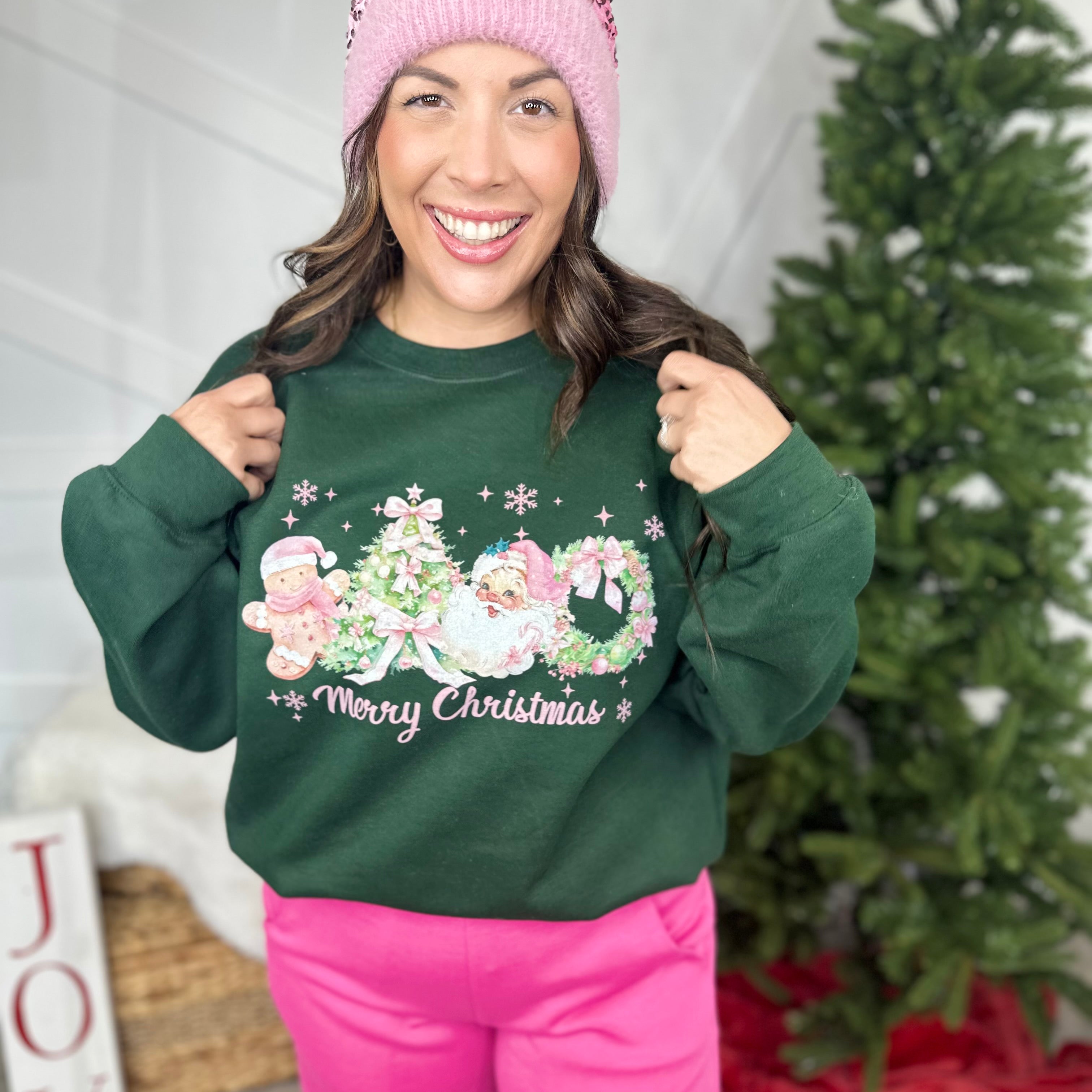 Pink Merry Christmas Graphic Sweatshirt-125 Sweater-Heathered Boho-Heathered Boho Boutique, Women's Fashion and Accessories in Palmetto, FL