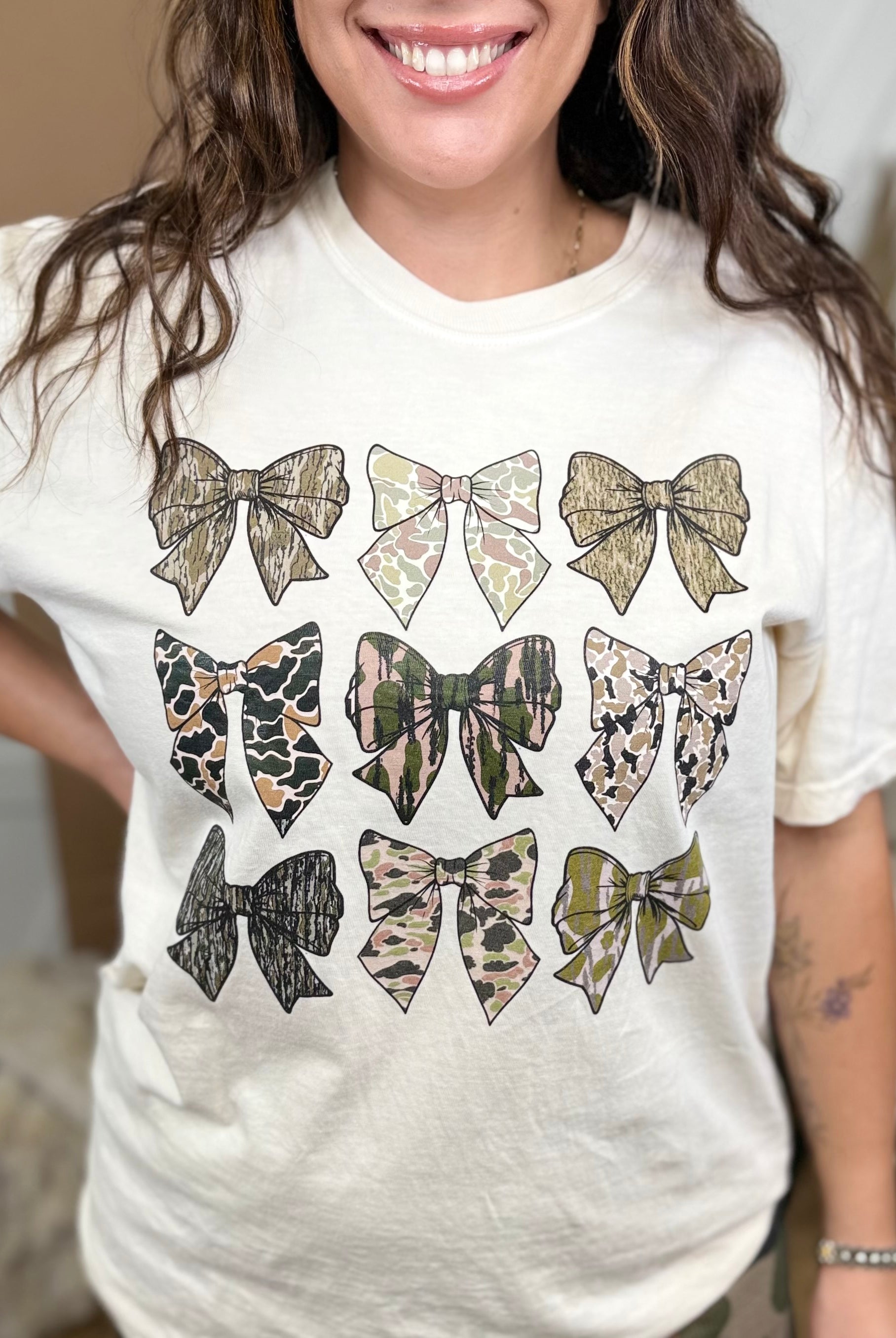 Camo Bows Graphic Tee-130 Graphic Tees-Heathered Boho-Heathered Boho Boutique, Women's Fashion and Accessories in Palmetto, FL