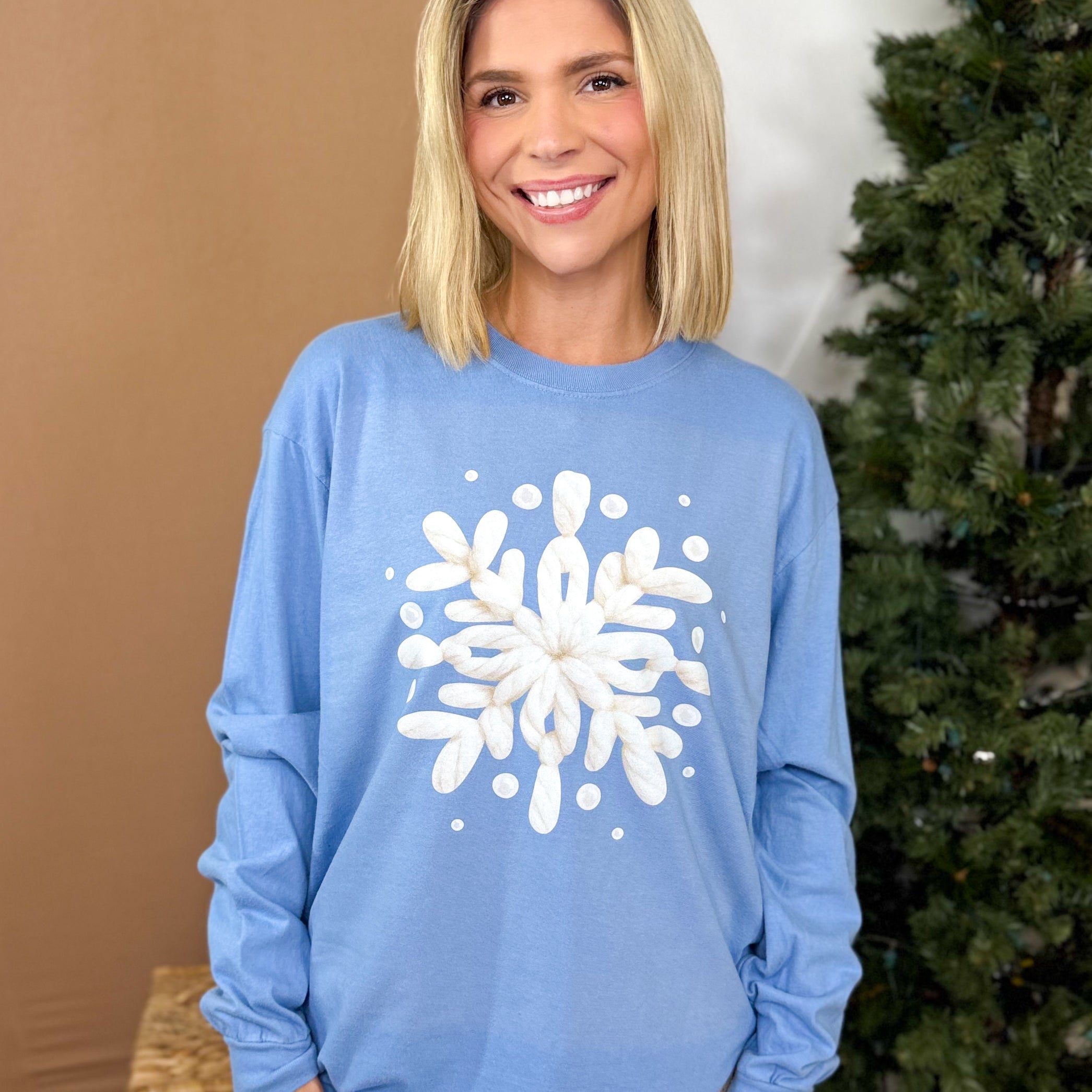 Yarned Snowflake Graphic Long Sleeve-Blue Jean-125 Sweater-Heathered Boho-Heathered Boho Boutique, Women's Fashion and Accessories in Palmetto, FL