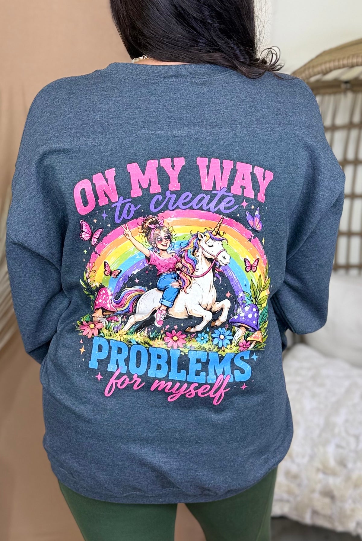 On my Way to Create Problems w/ Pocket Graphic Sweatshirt-130 Graphic Tees-Heathered Boho-Heathered Boho Boutique, Women's Fashion and Accessories in Palmetto, FL
