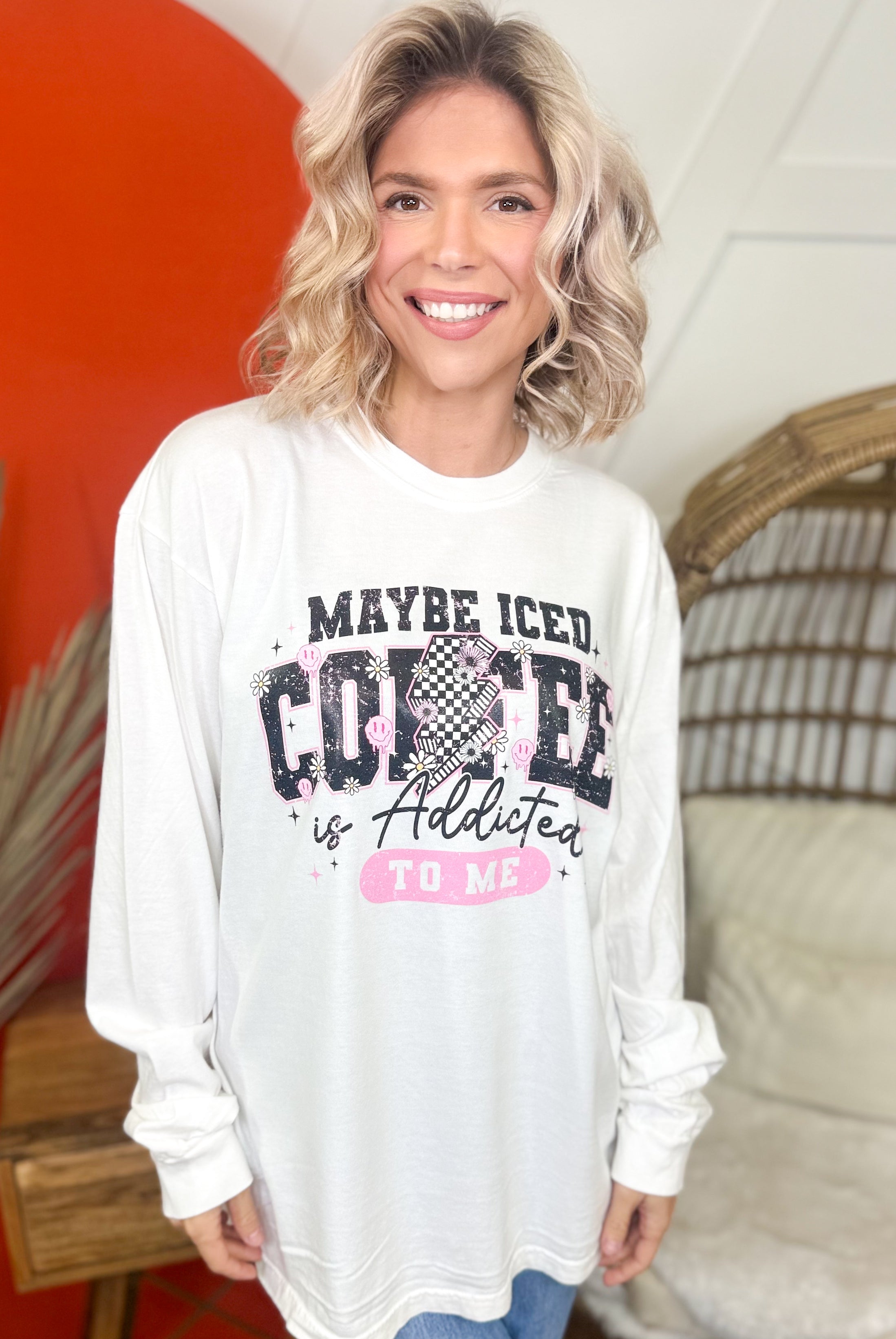 Maybe Iced Coffee Is Addicted To Me Graphic Long Sleeve-130 Graphic Tees-Heathered Boho-Heathered Boho Boutique, Women's Fashion and Accessories in Palmetto, FL