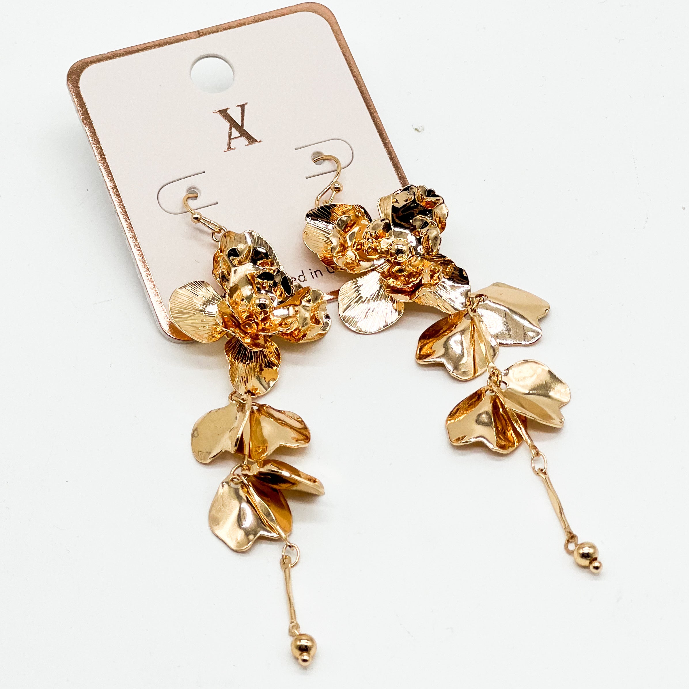 Metallic Flowers And Petals Chain Dangle Earrings-310 Jewelry-Fame Accessories-Heathered Boho Boutique, Women's Fashion and Accessories in Palmetto, FL