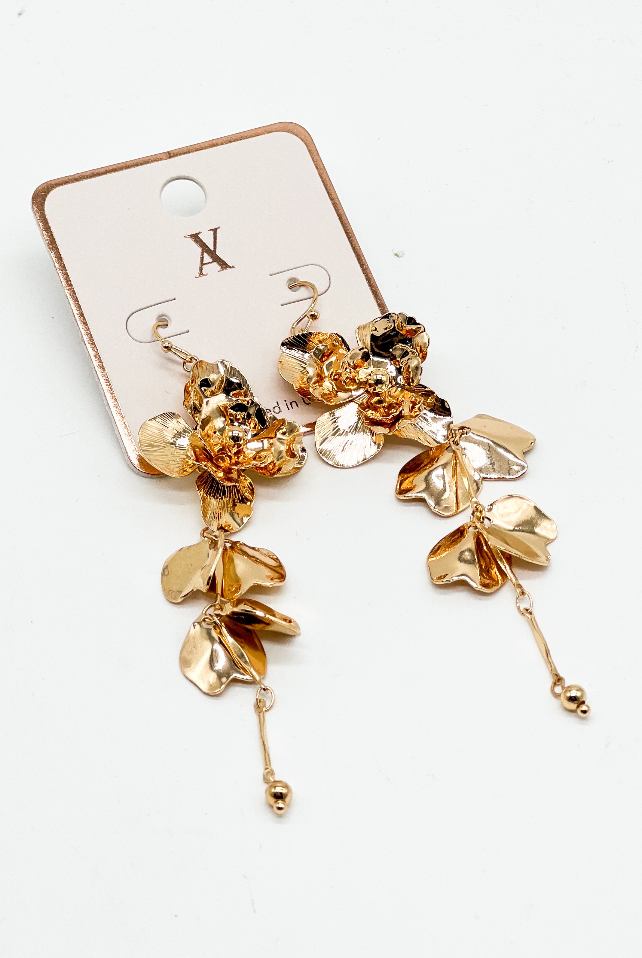 Metallic Flowers And Petals Chain Dangle Earrings-310 Jewelry-Fame Accessories-Heathered Boho Boutique, Women's Fashion and Accessories in Palmetto, FL