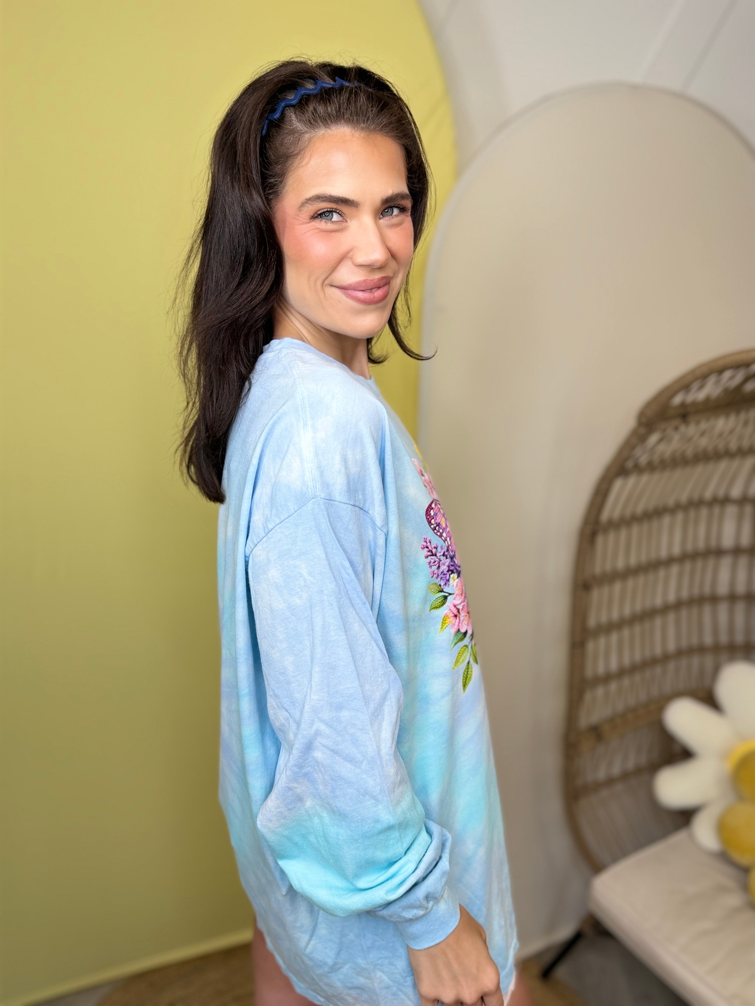 Latch Hook Butterfly Graphic Long Sleeve-130 Graphic Tees-Heathered Boho-Heathered Boho Boutique, Women's Fashion and Accessories in Palmetto, FL